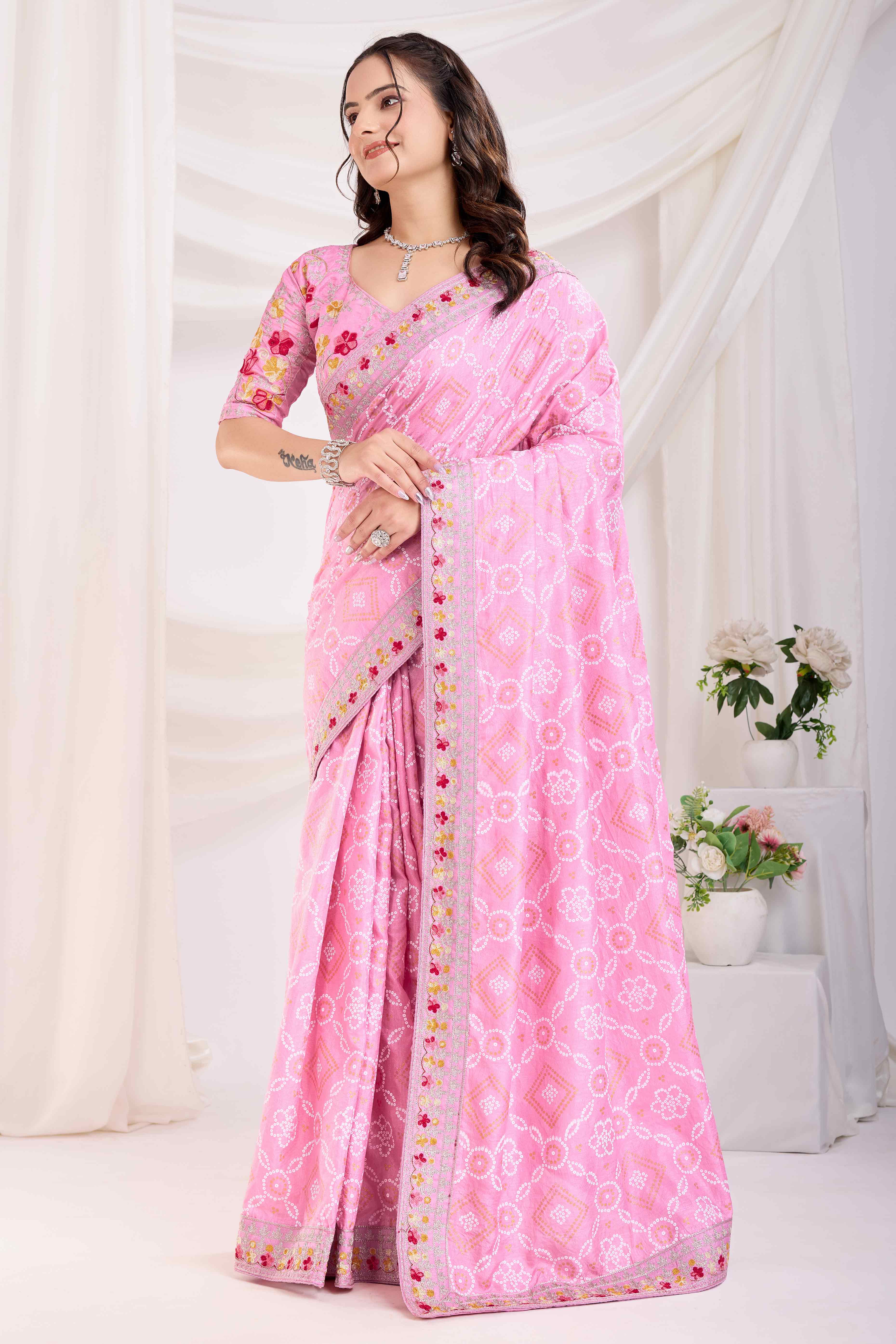 Pink Bandhani Printed Vichitra Silk Saree With Embroidery Border