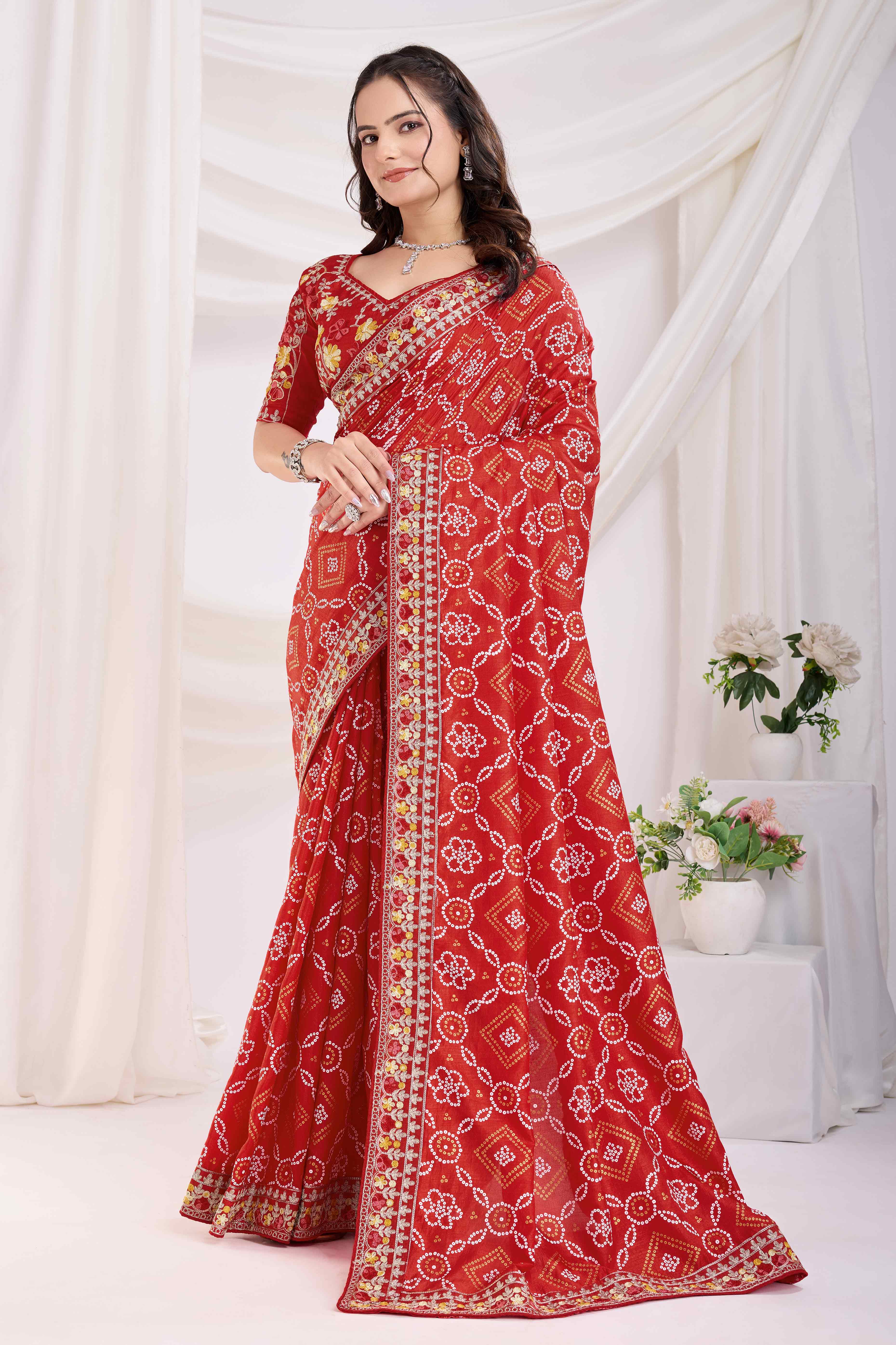 Red Bandhani Printed Vichitra Silk Saree With Embroidery Border