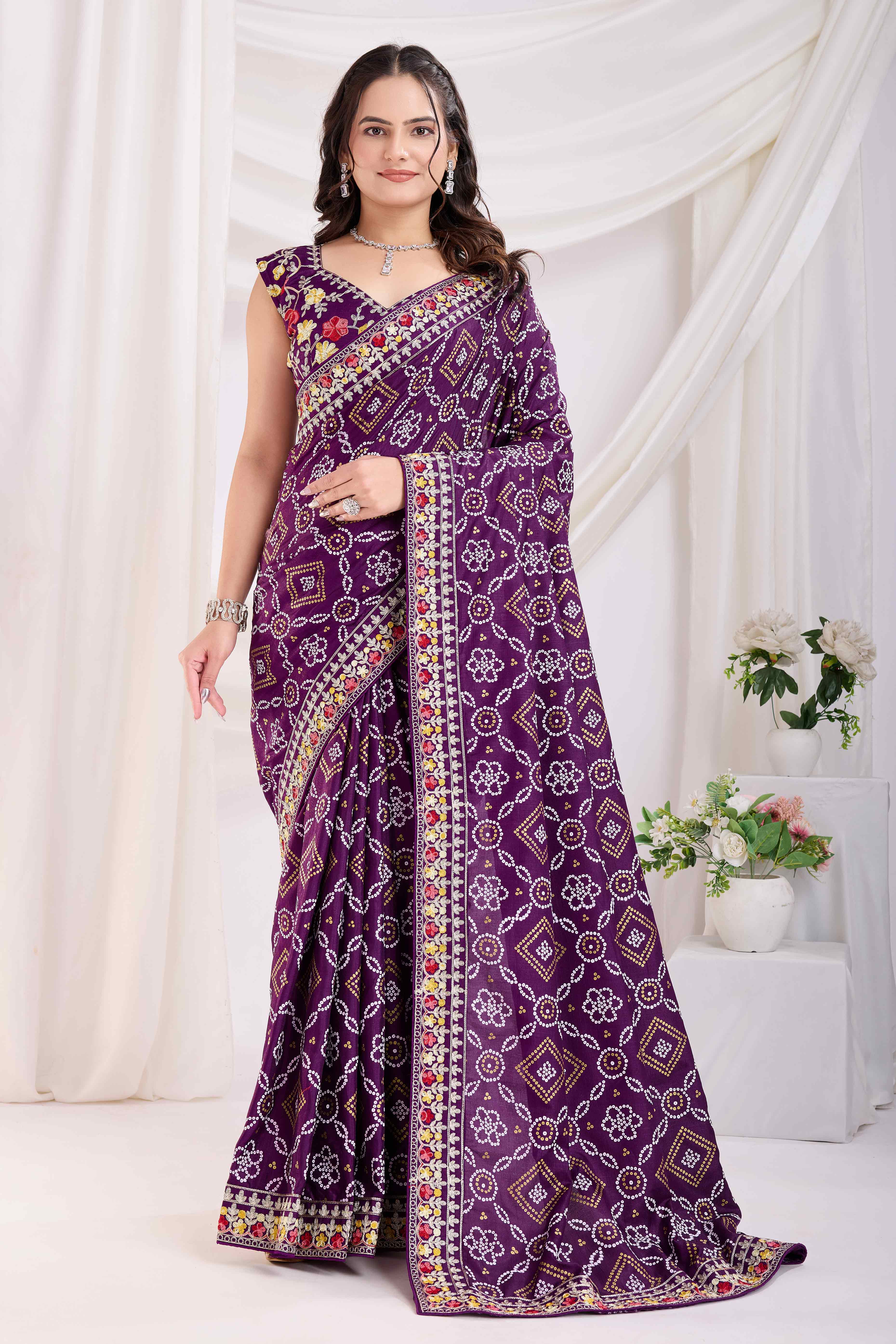 Wine Bandhani Printed Vichitra Silk Saree With Embroidery Border