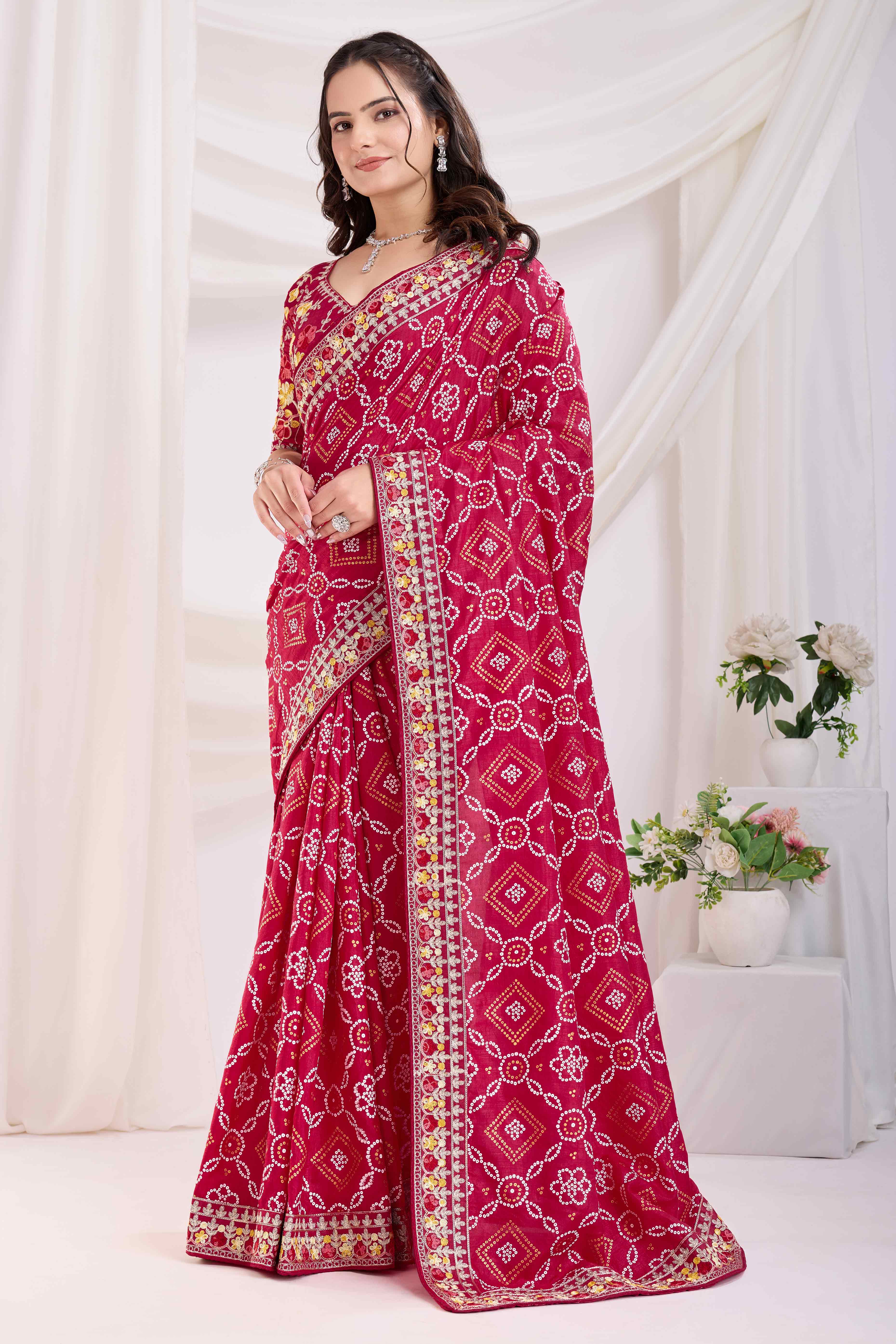 Cherry Red Bandhani Printed Vichitra Silk Saree With Embroidery Border