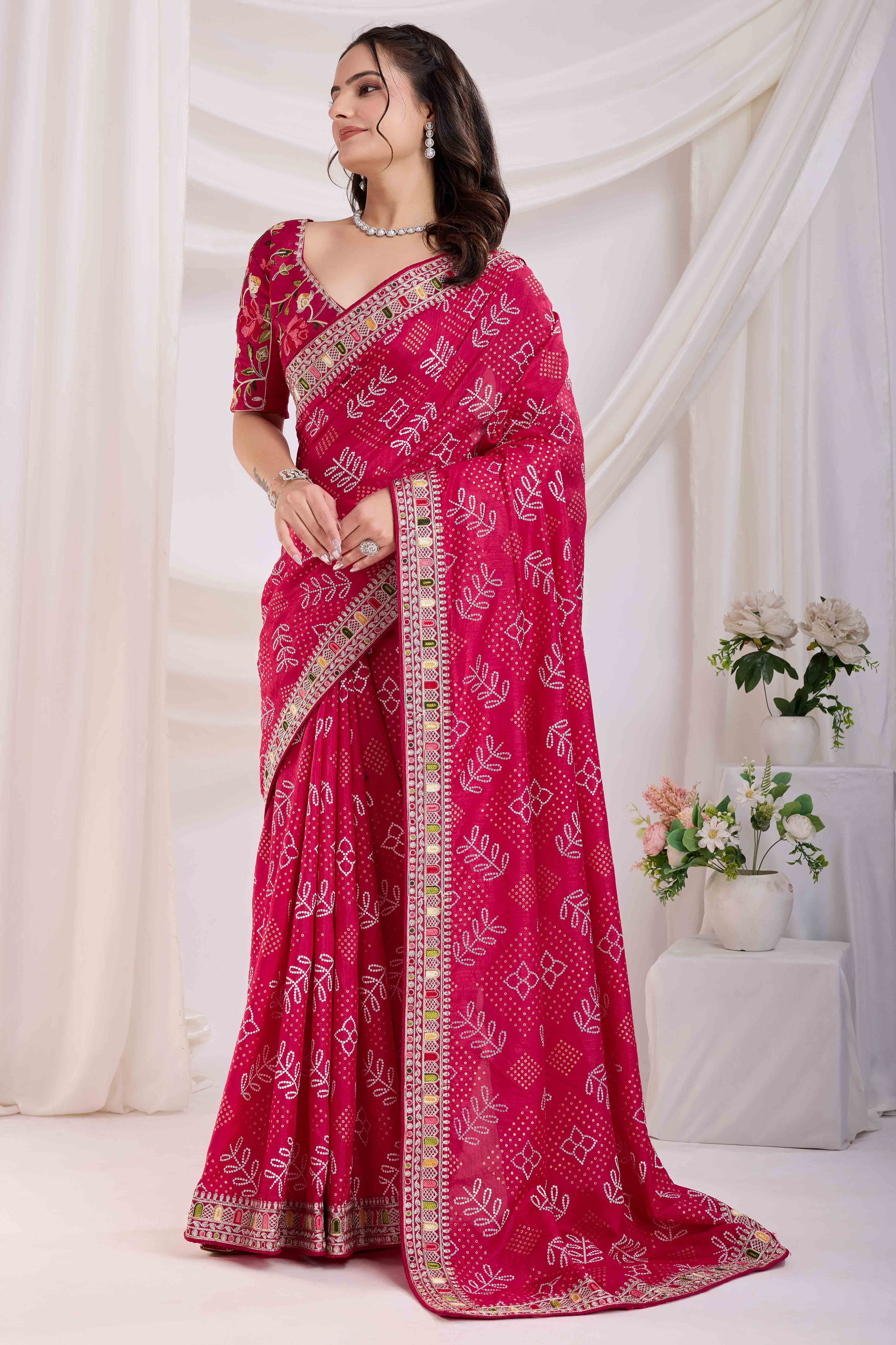 Rani Pink Bandhani Printed With Embroidered Border Vichitra Silk Saree