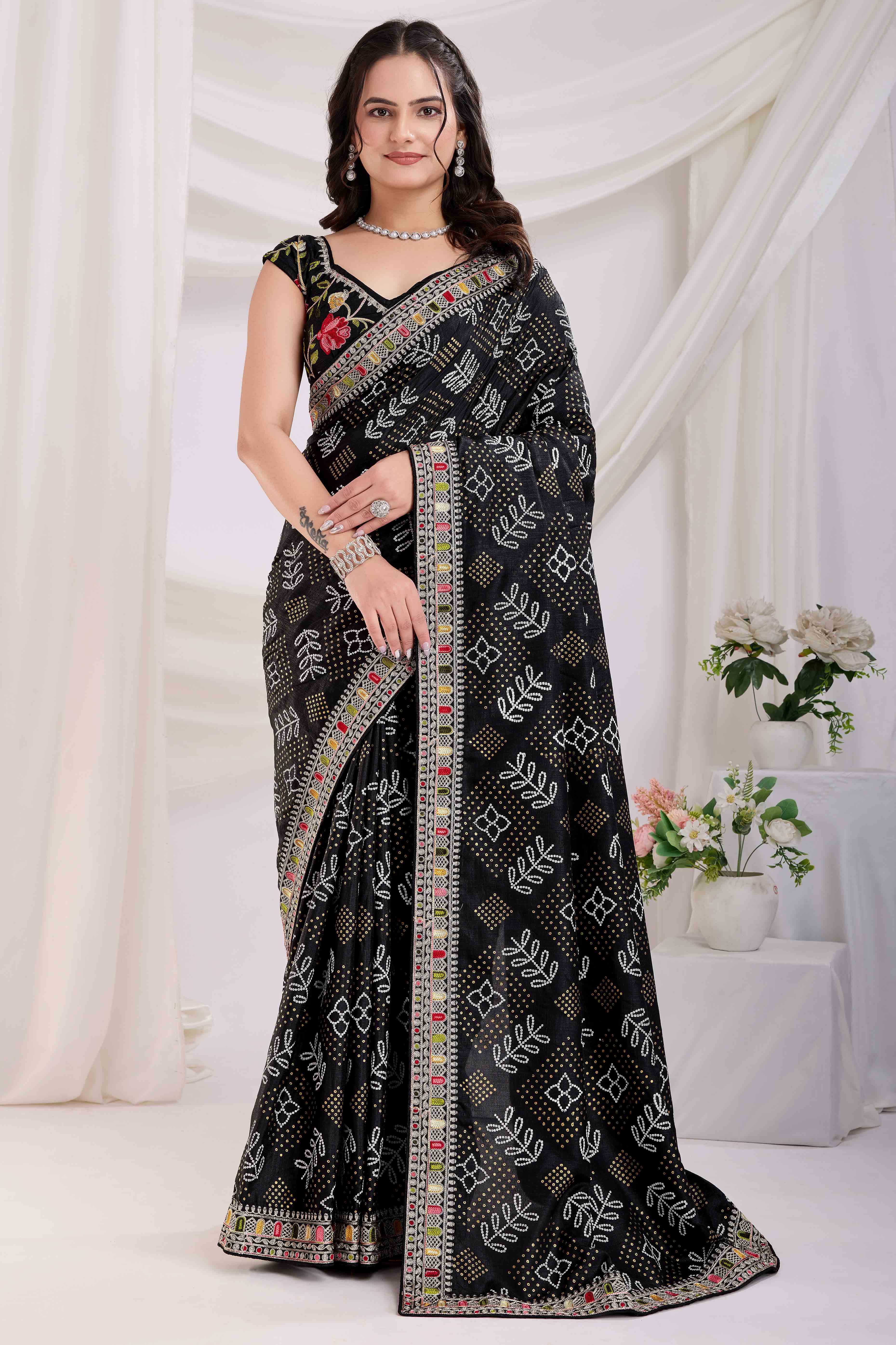 Black Bandhani Printed With Embroidered Border Vichitra Silk Saree