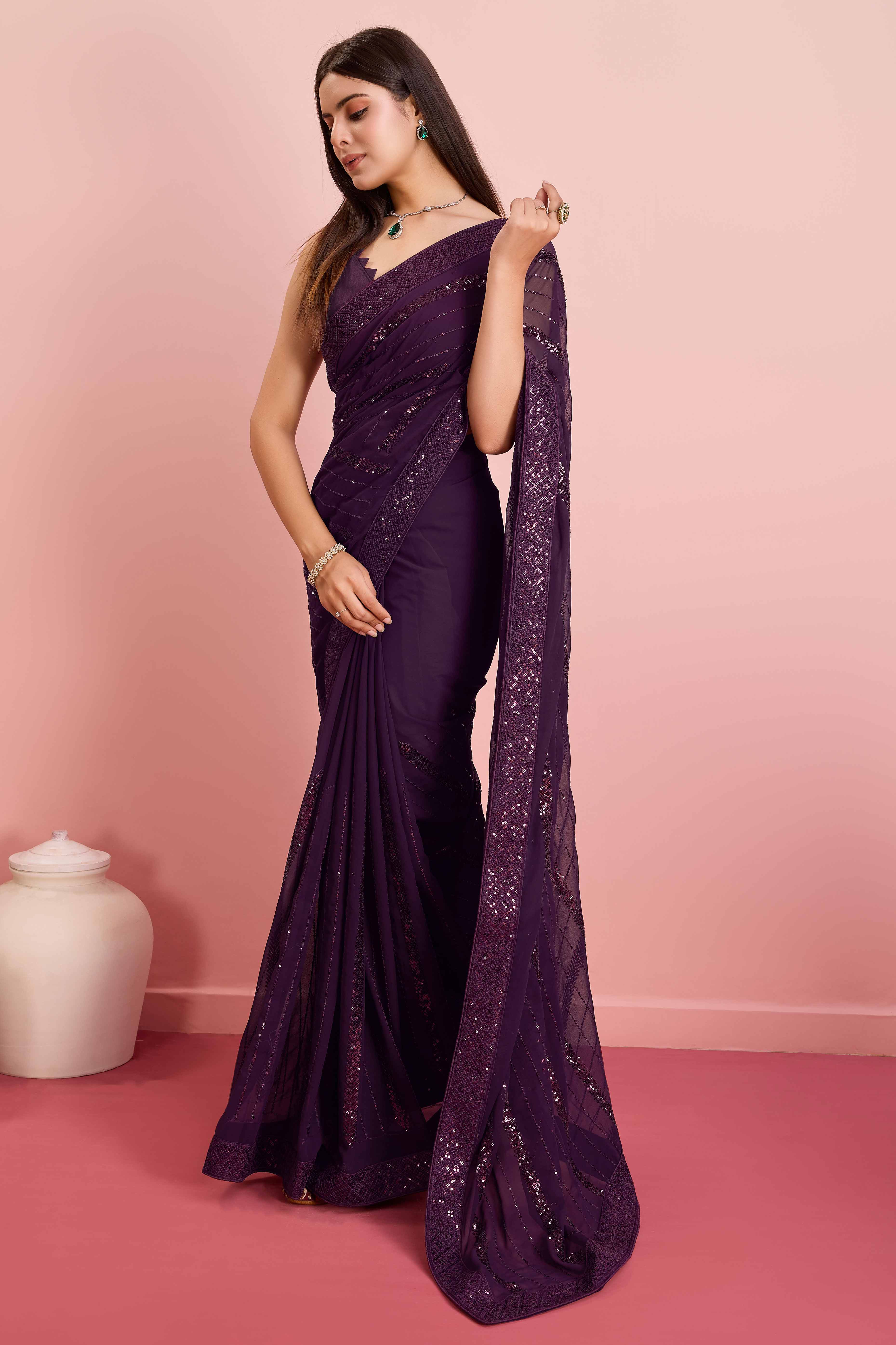 Wine Sequins Embroidered Georgette Saree