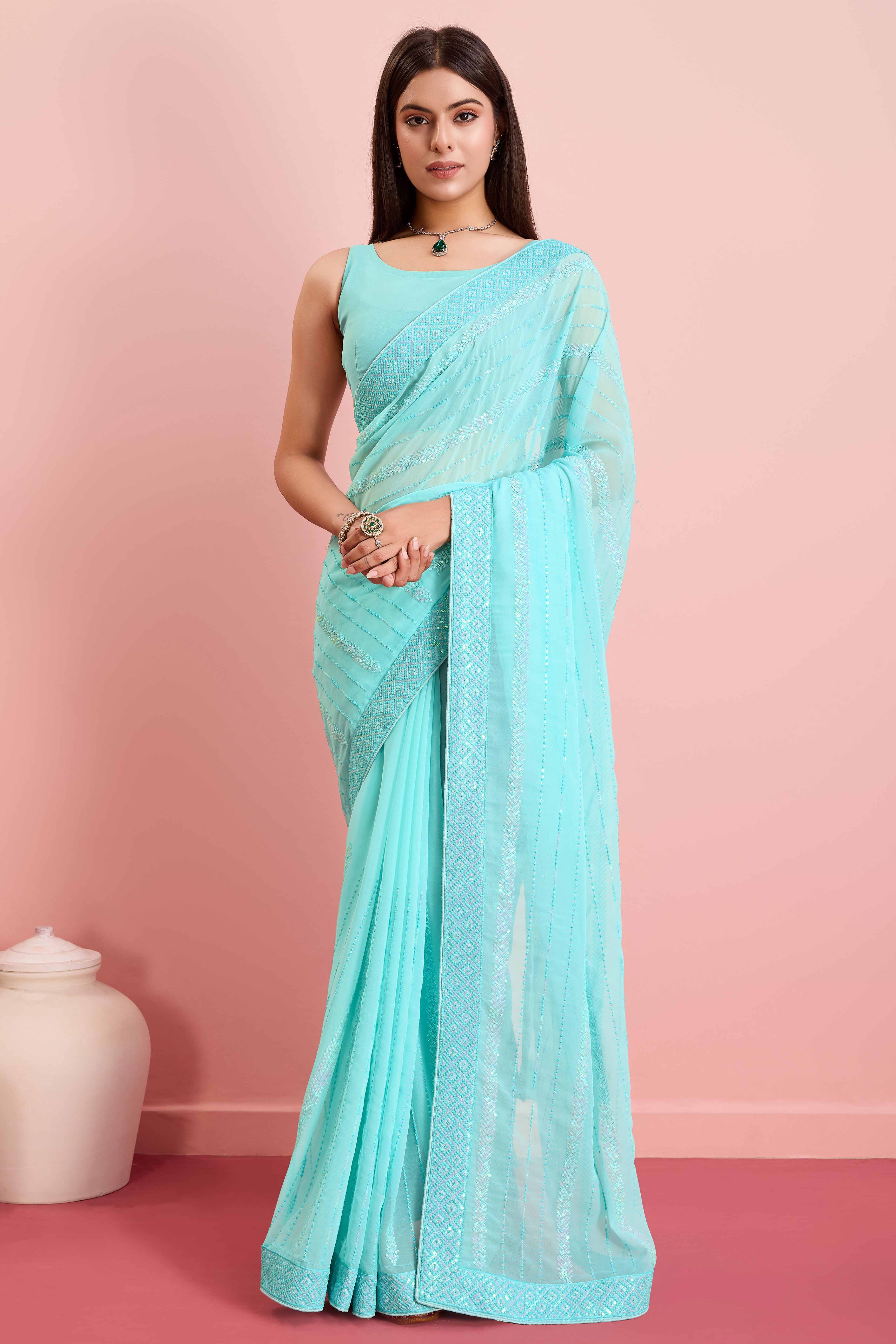 Blue Sequins Embroidered Georgette Saree