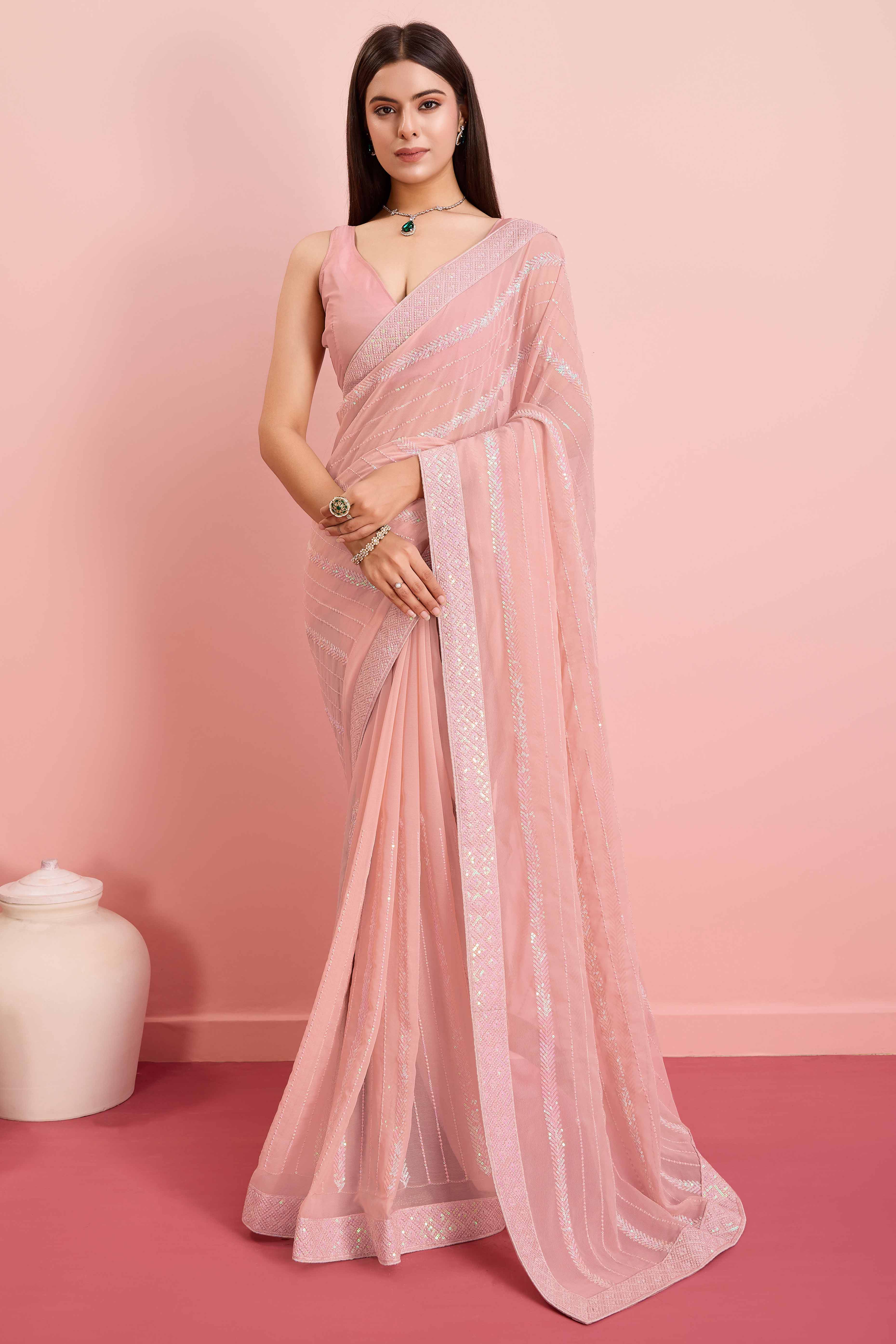 Peach Sequins Embroidered Georgette Saree