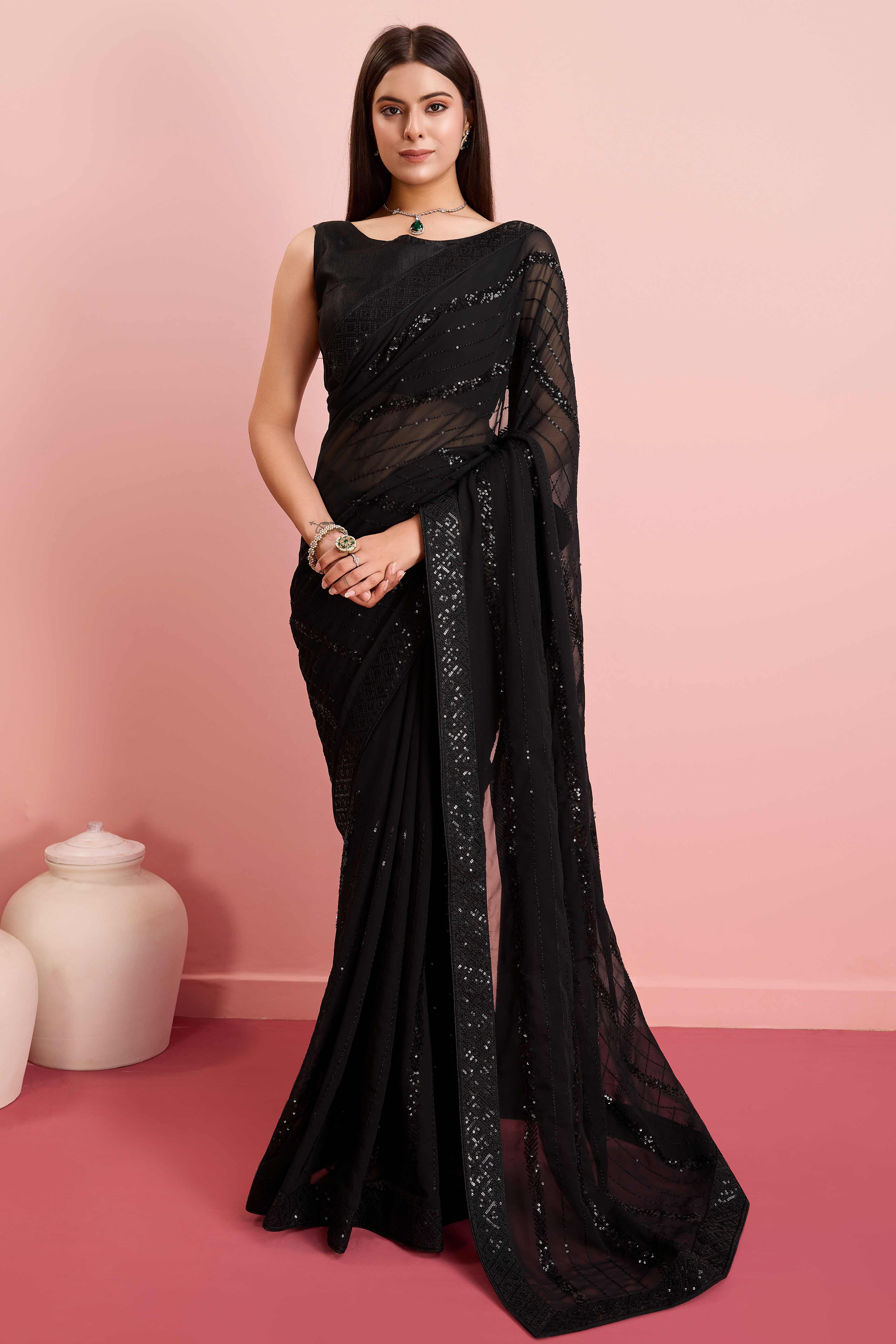 Black Sequins Embroidered Georgette Saree