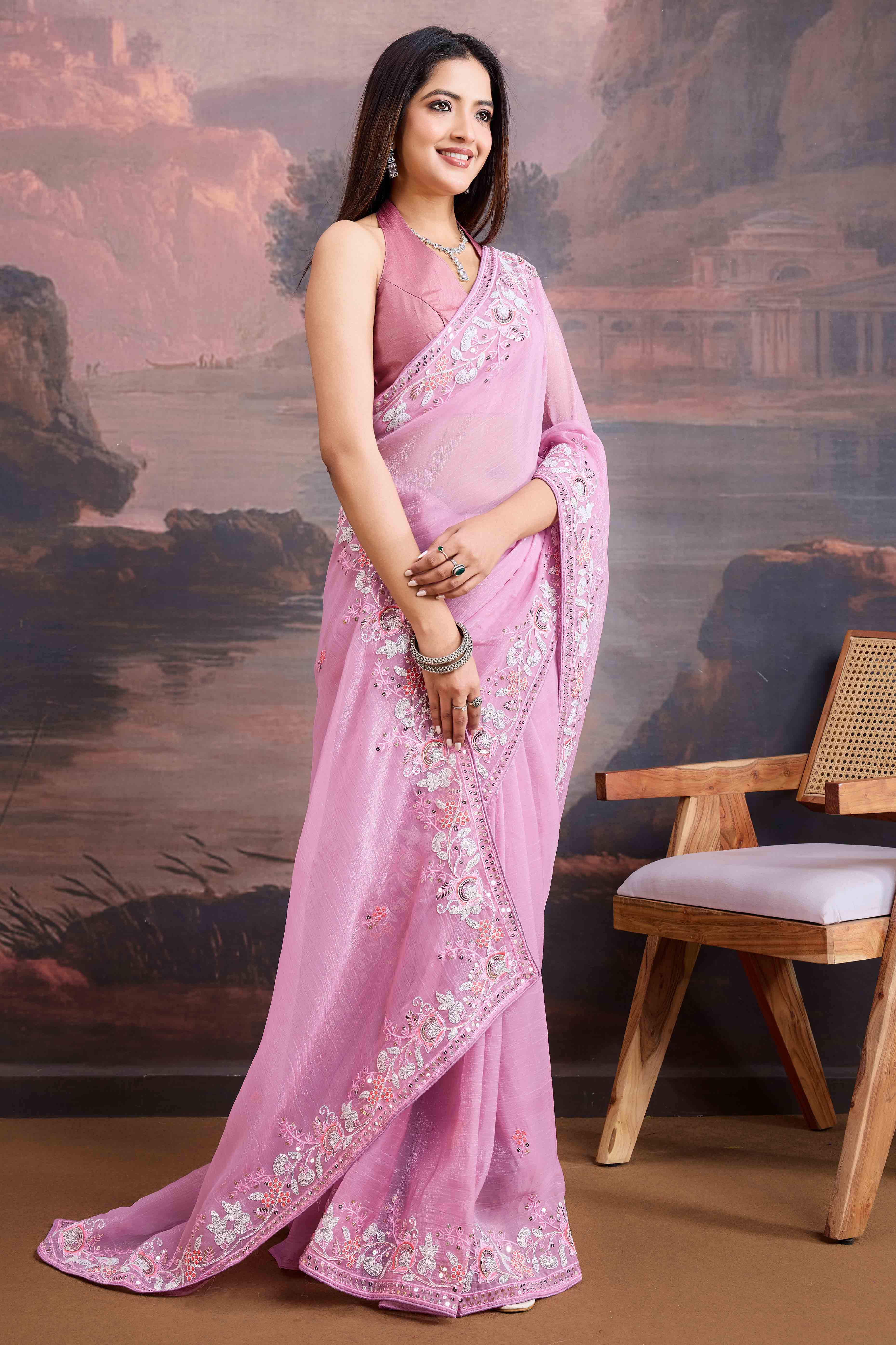 Pink Floral Sequins Embroidered Organza Saree