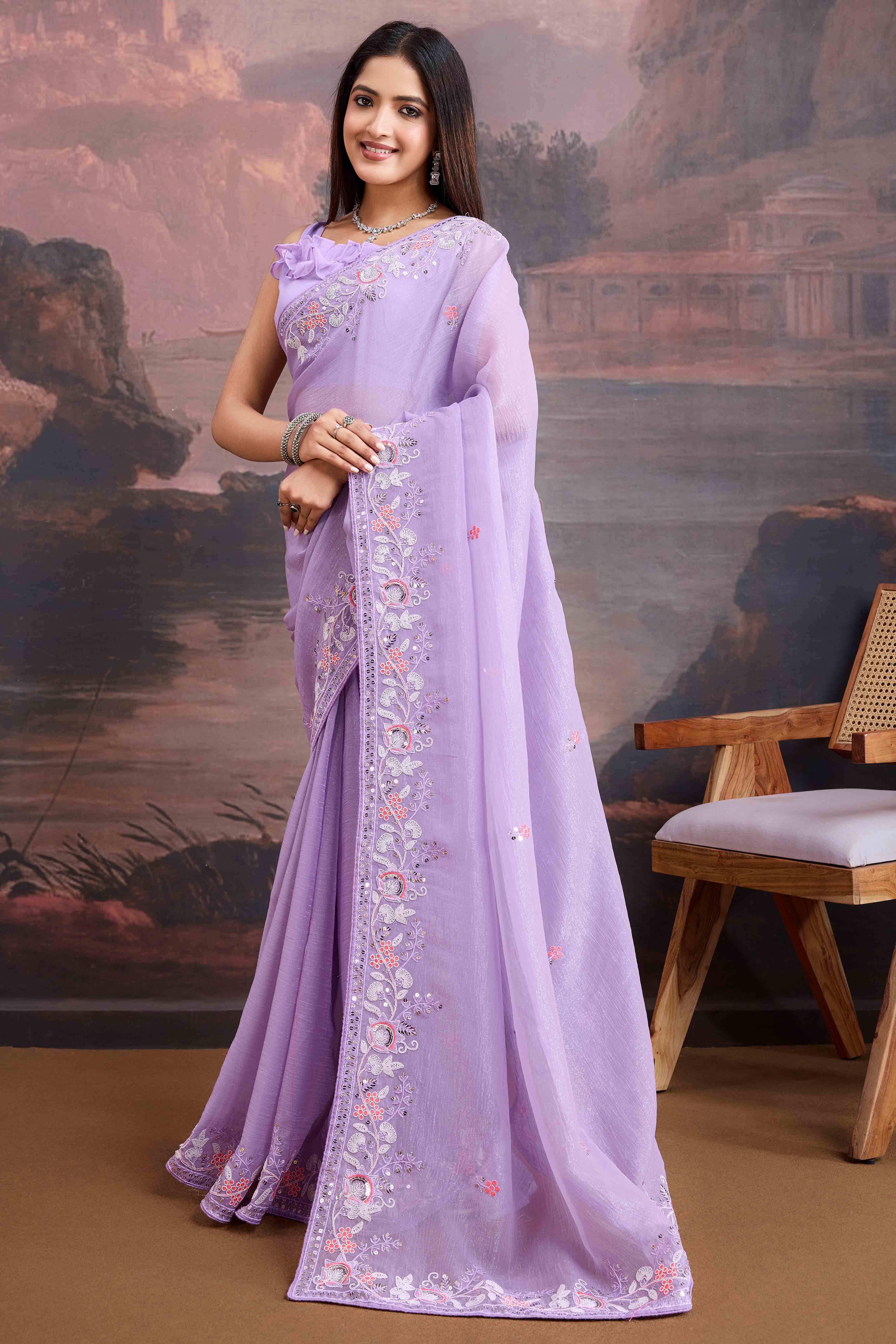 Lavender Floral Sequins Embroidered Organza Saree