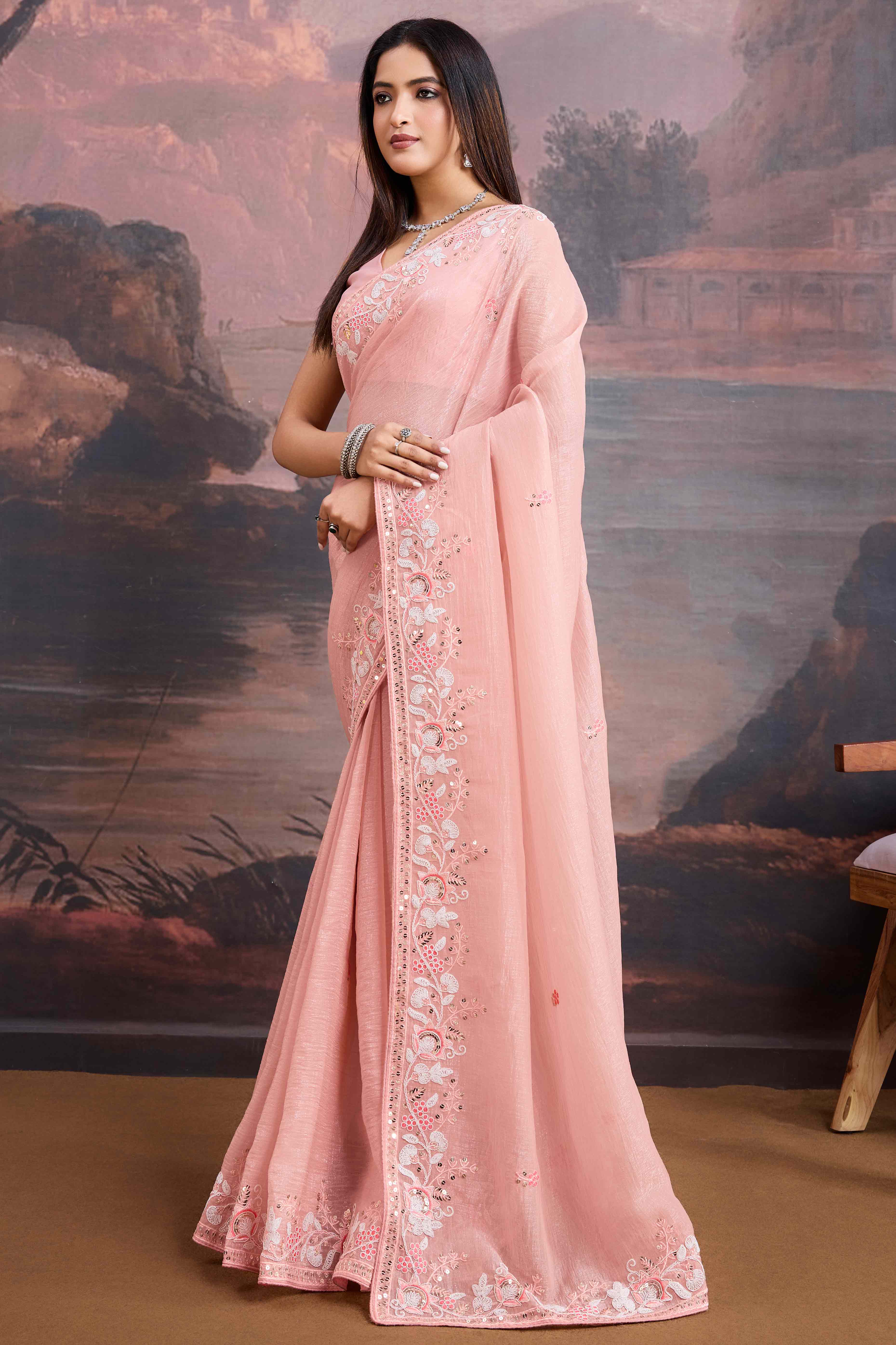Peach Floral Sequins Embroidered Organza Saree
