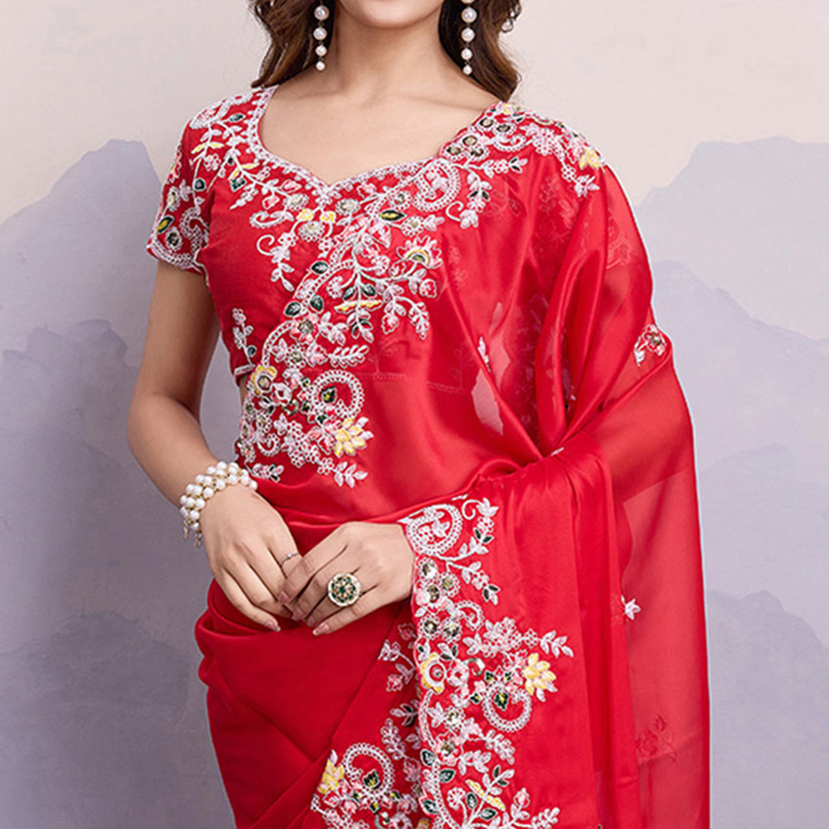 Red Floral Sequins Embroidered Art Silk Saree