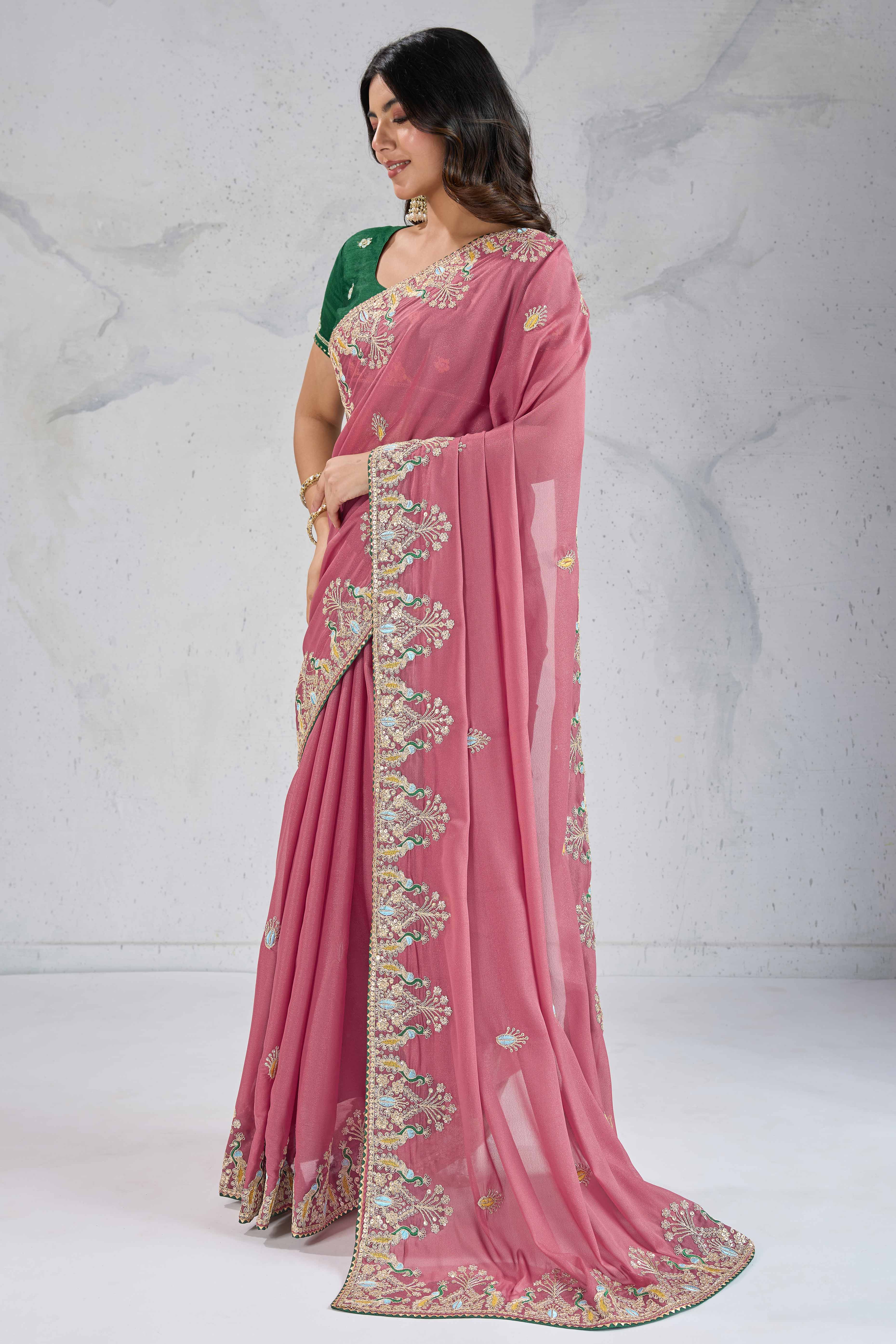 Dusty Pink Embroidered Saree with Ethnic Detailing in Georgette Fabric