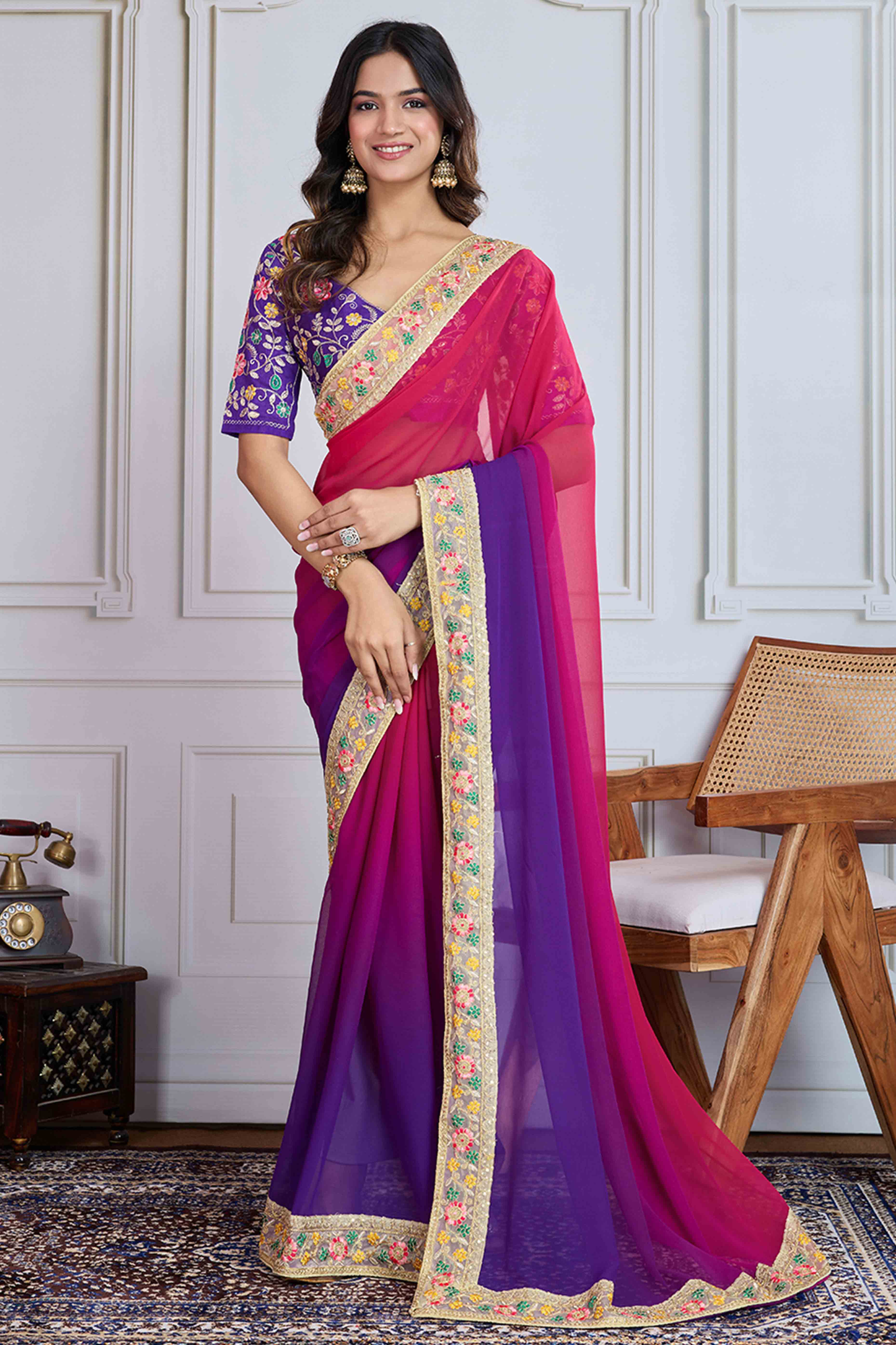 Pink To Purple Georgette Ombre Saree With Intricate Floral Cording Embroidery & Sequin Detailing