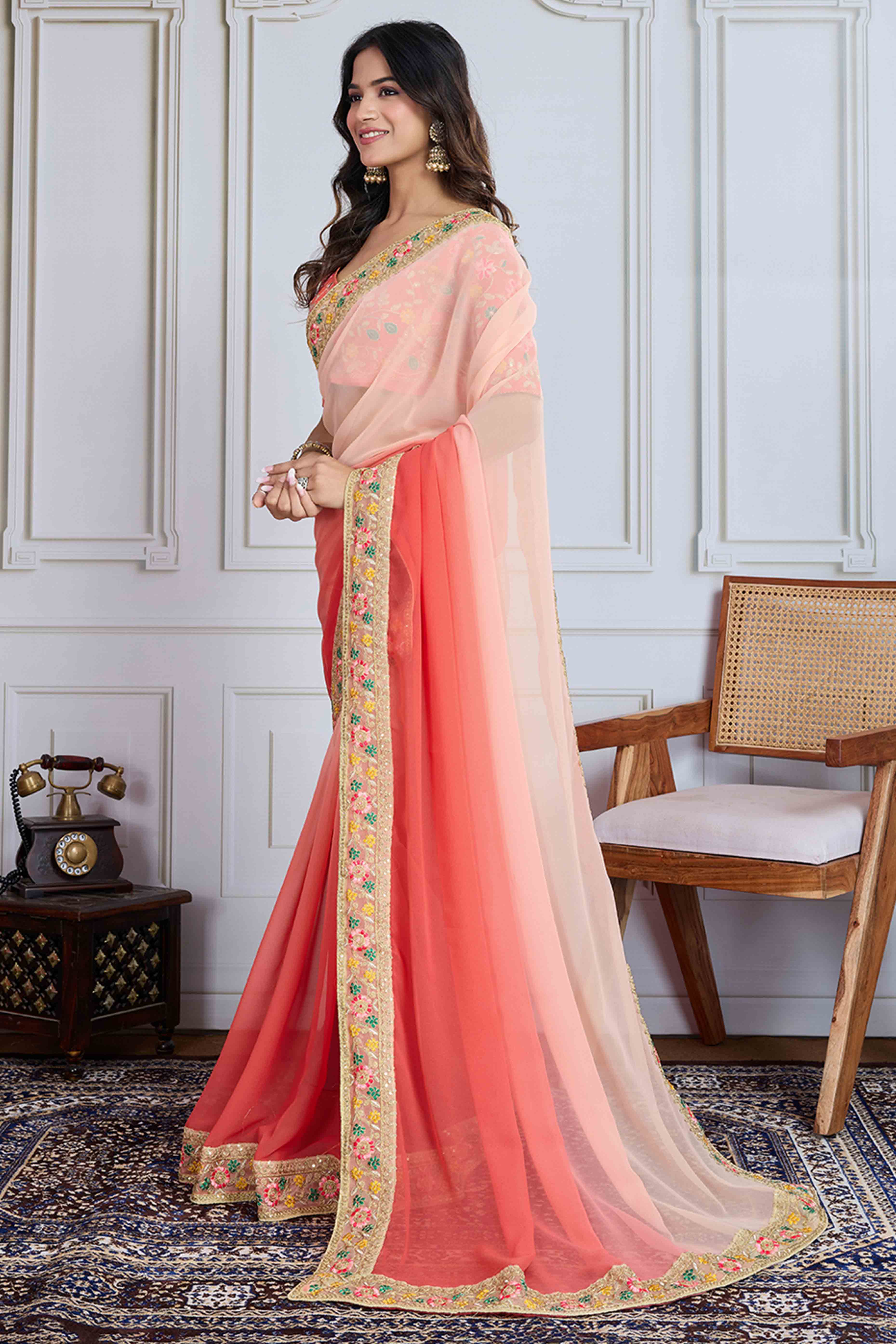 Peach To Coral Pink Georgette Ombre Saree With Intricate Floral Cording Embroidery & Sequin Detailing