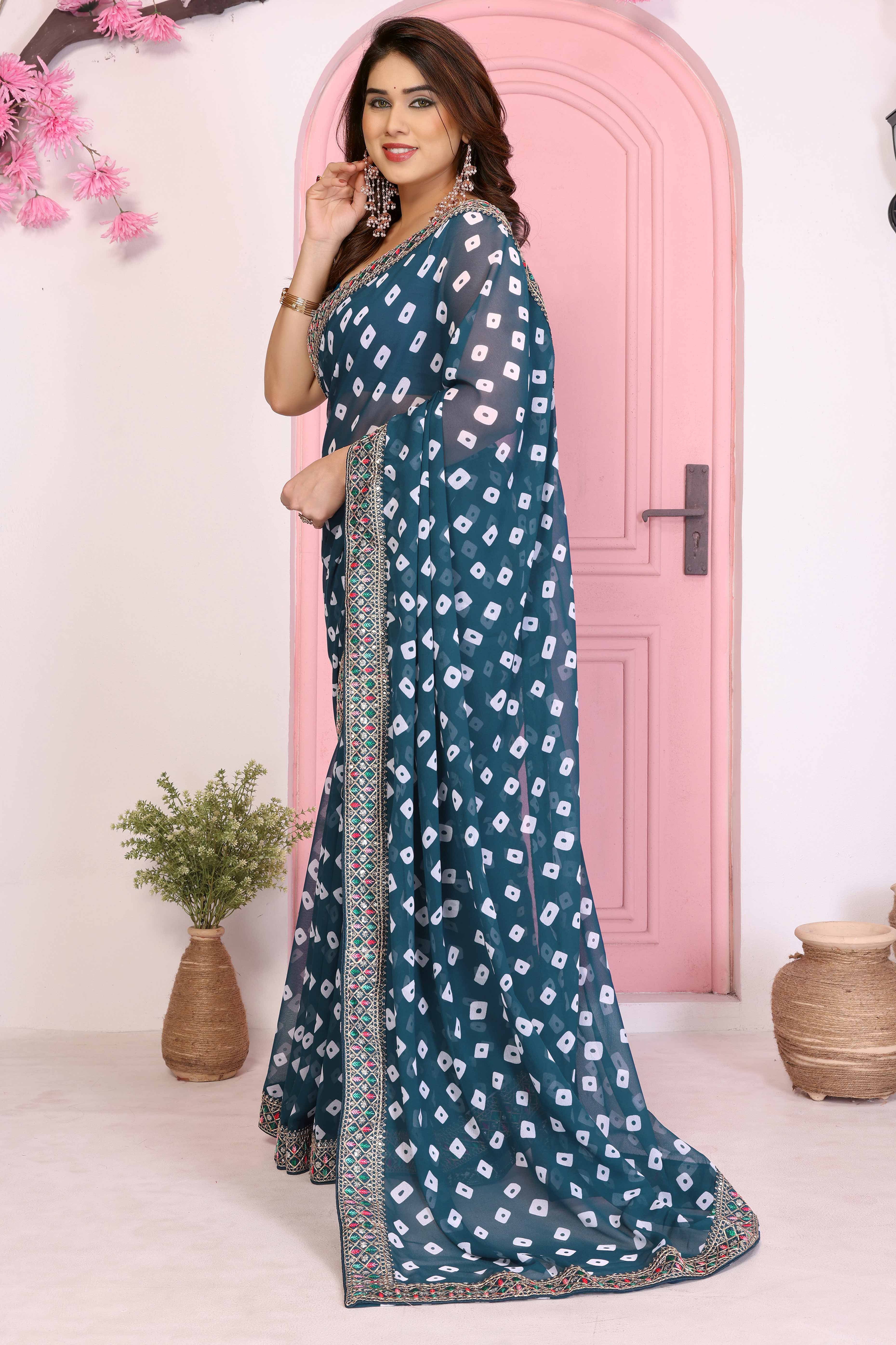 Teal Georgette Saree With Bandhani Print & Exquisite Cording Embroidery Border