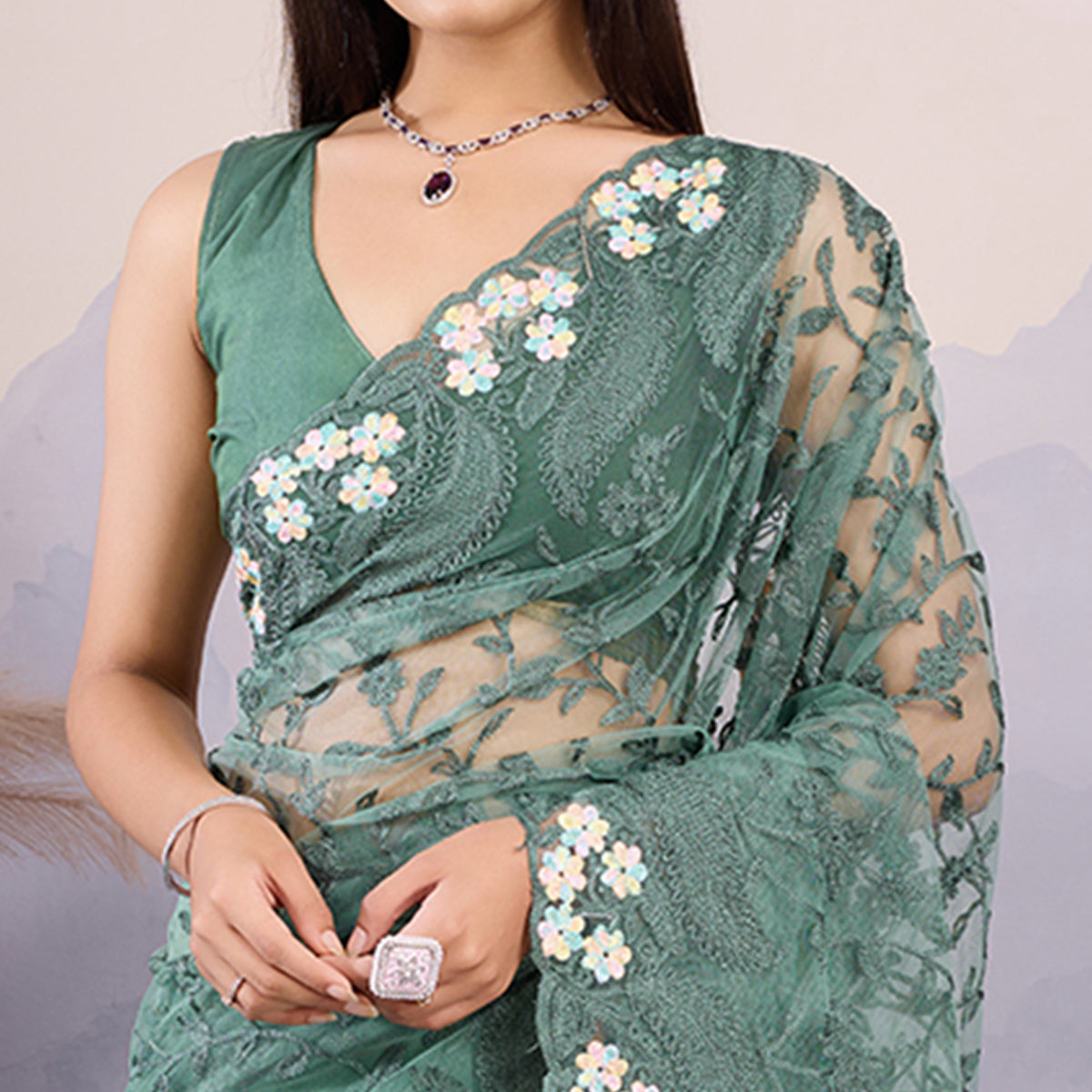 Green Floral Thread Embroidered Net Saree