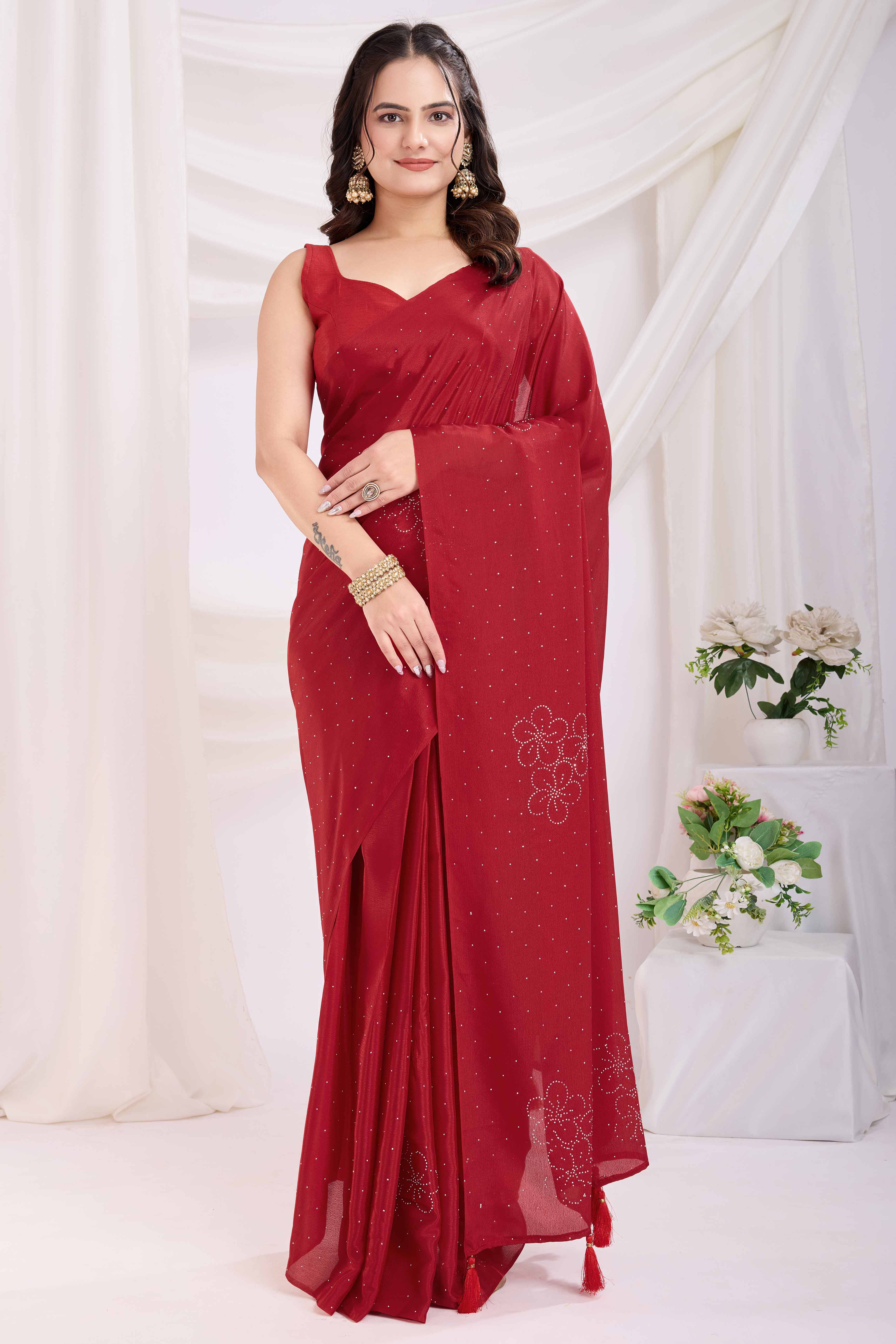 Red Floral Swarovski Work Rangoli Art Silk Ready To Wear Saree