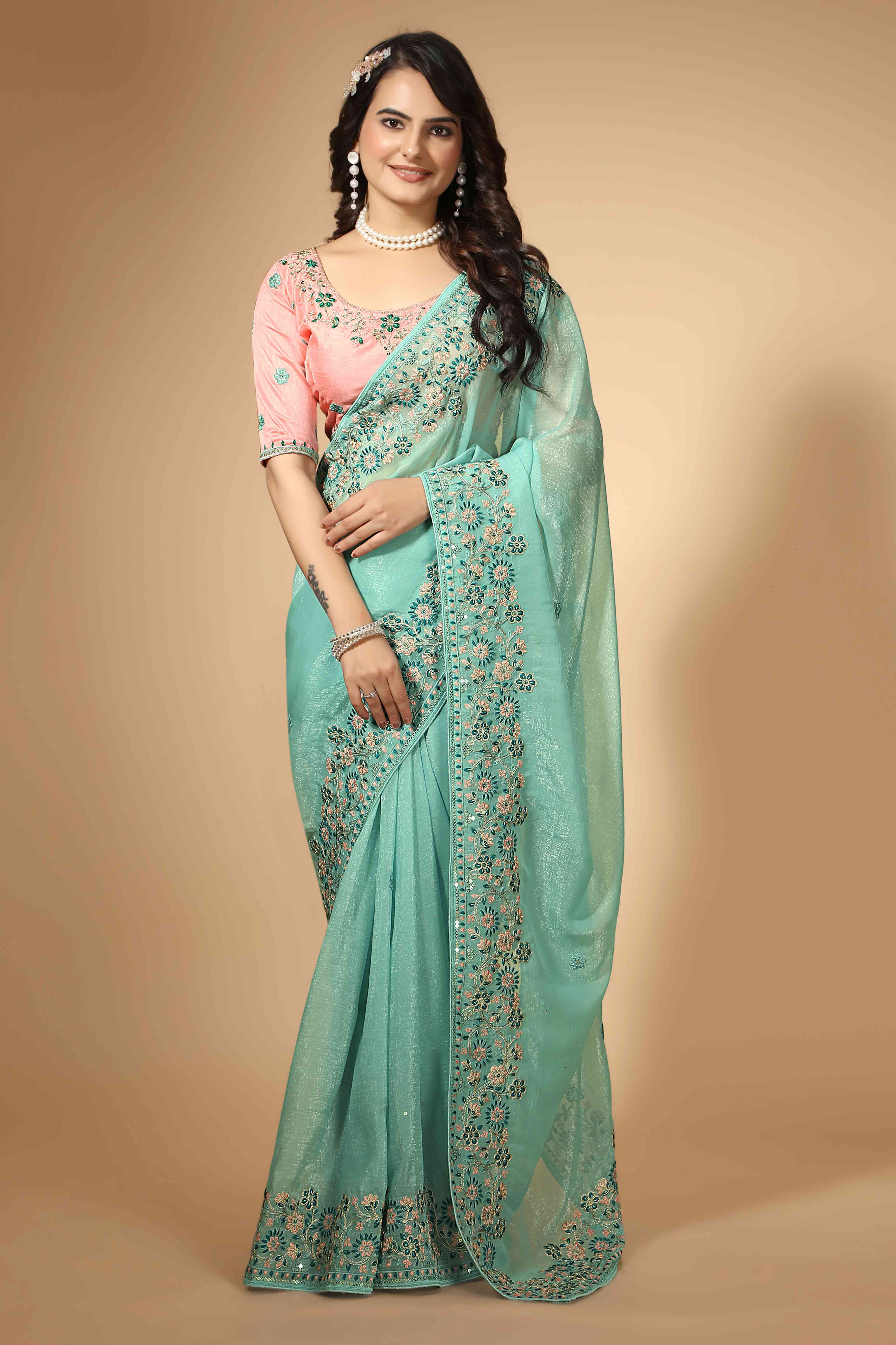 Turquoise Floral Sequins Embroidered Organza Silk Saree