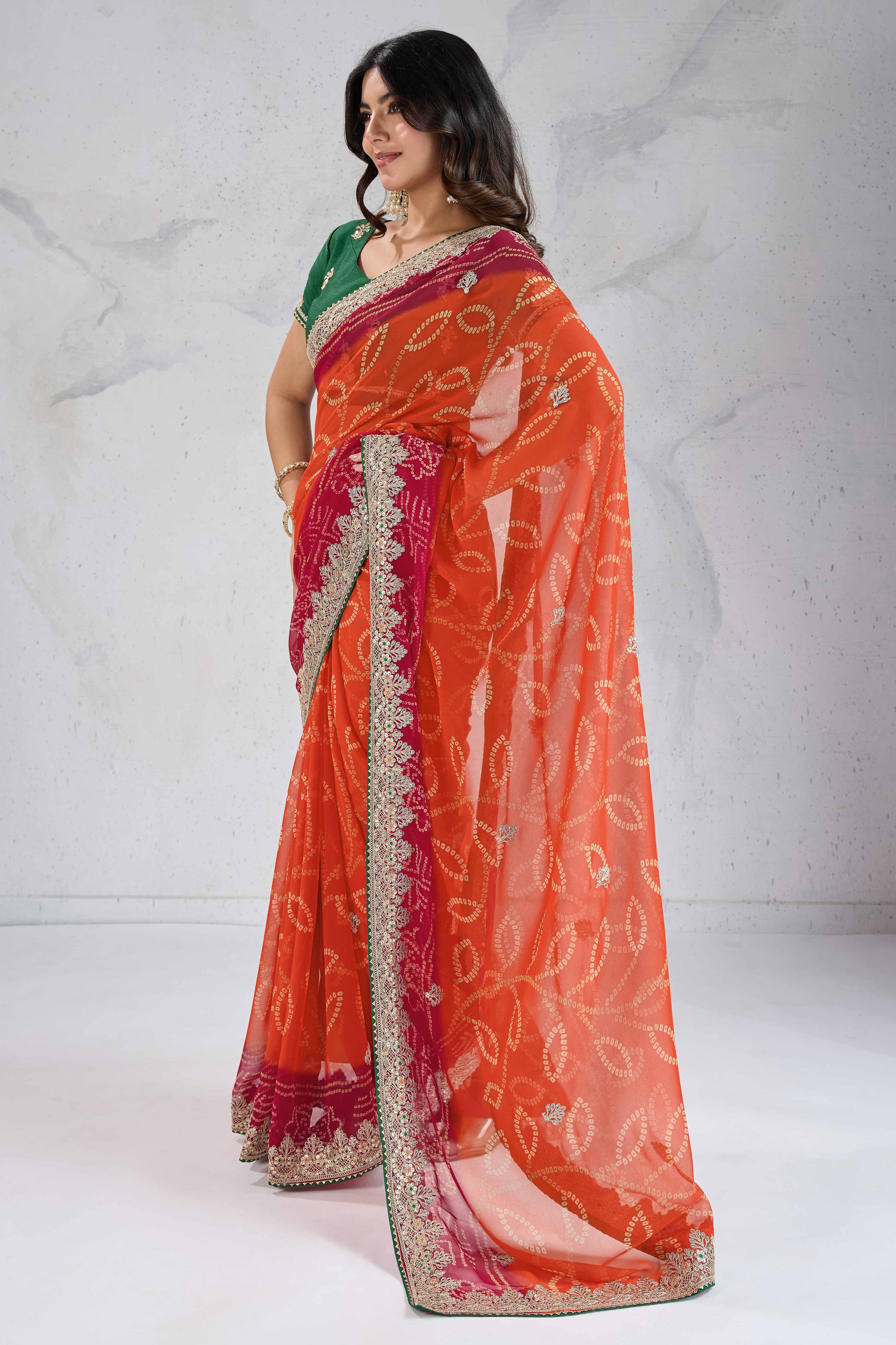 Traditional Bandhani Orange Georgette Saree with Fine Embroidery