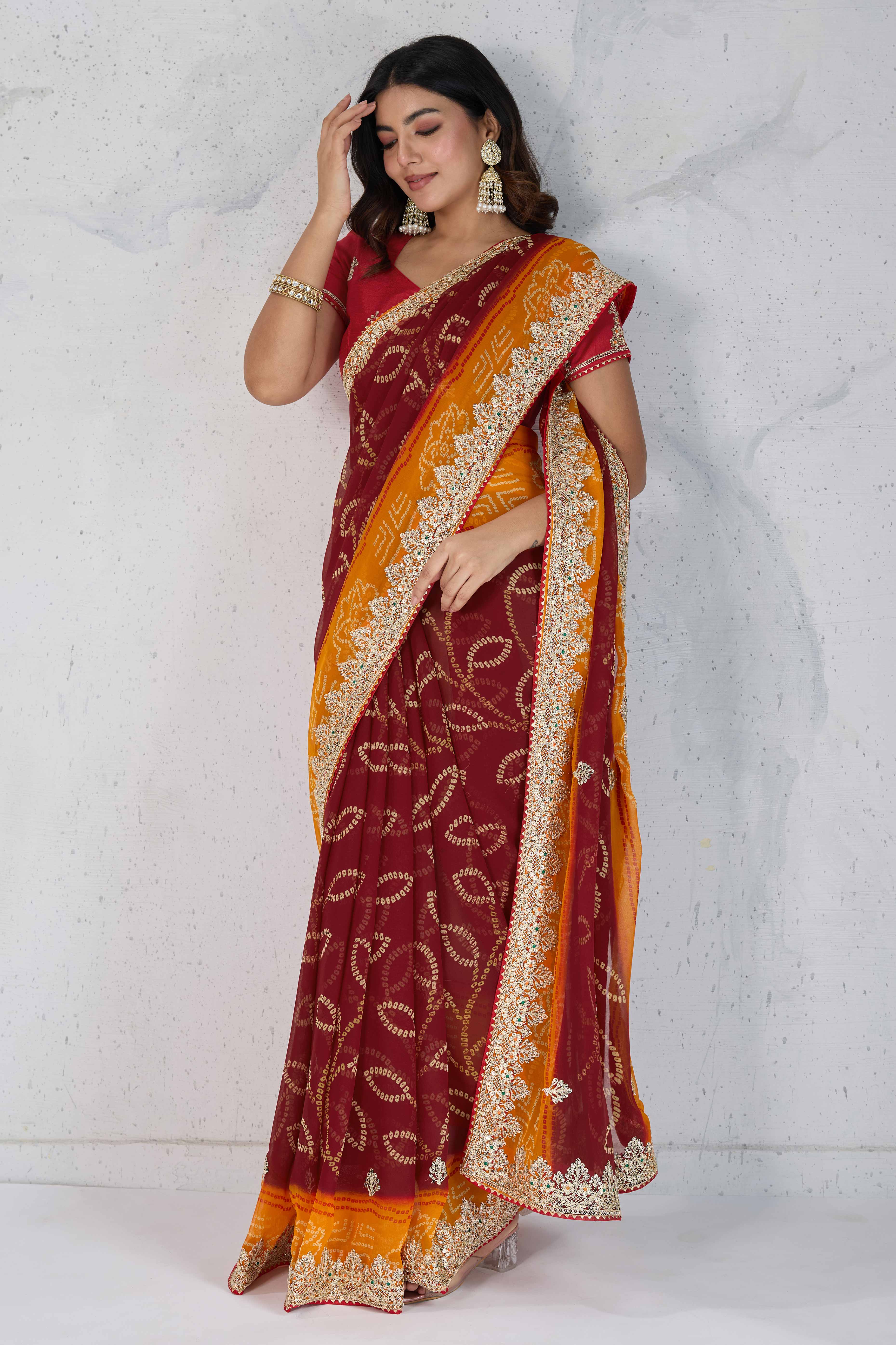 Traditional Bandhani Maroon Georgette Saree with Fine Embroidery