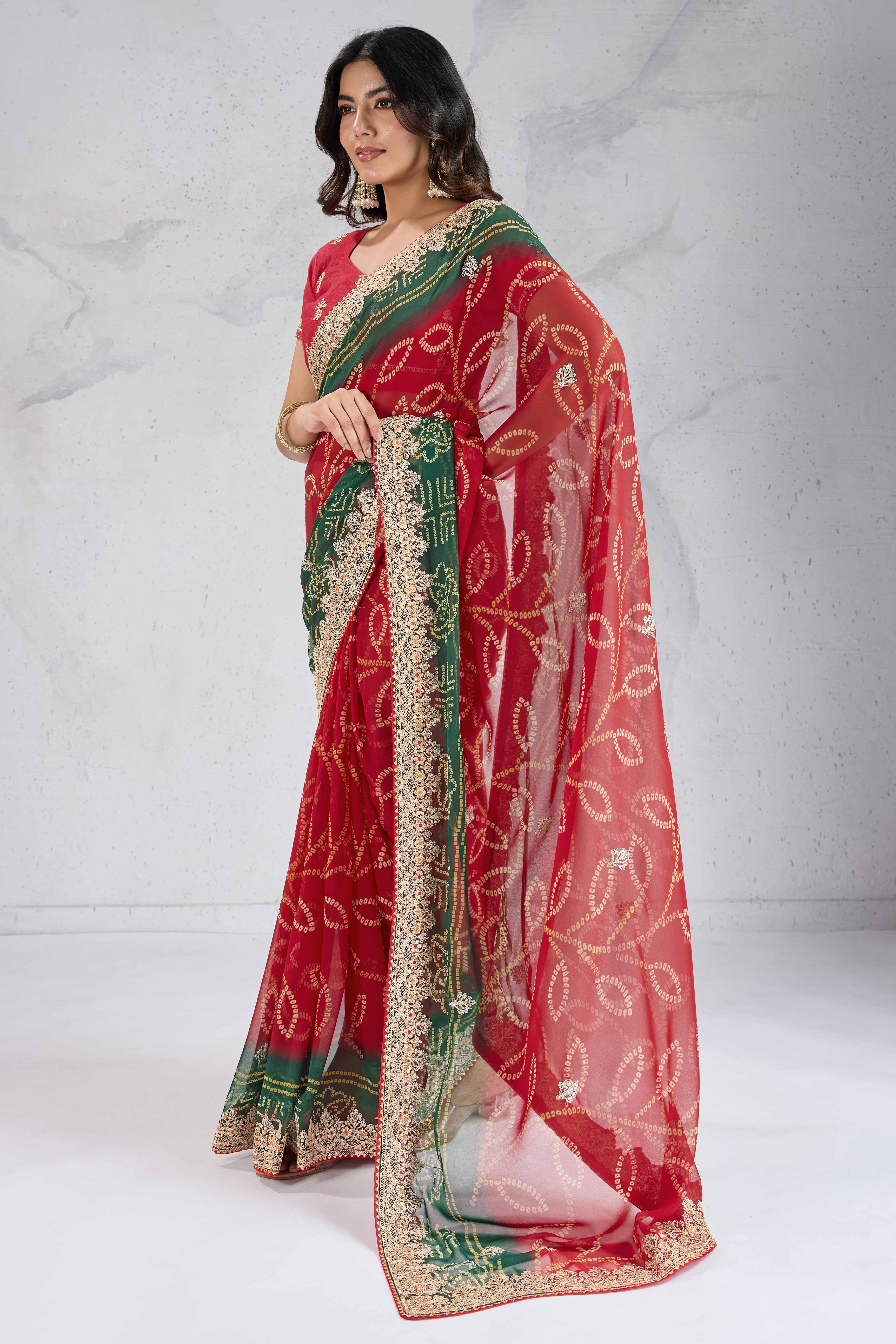 Traditional Bandhani Red Georgette Saree with Fine Embroidery
