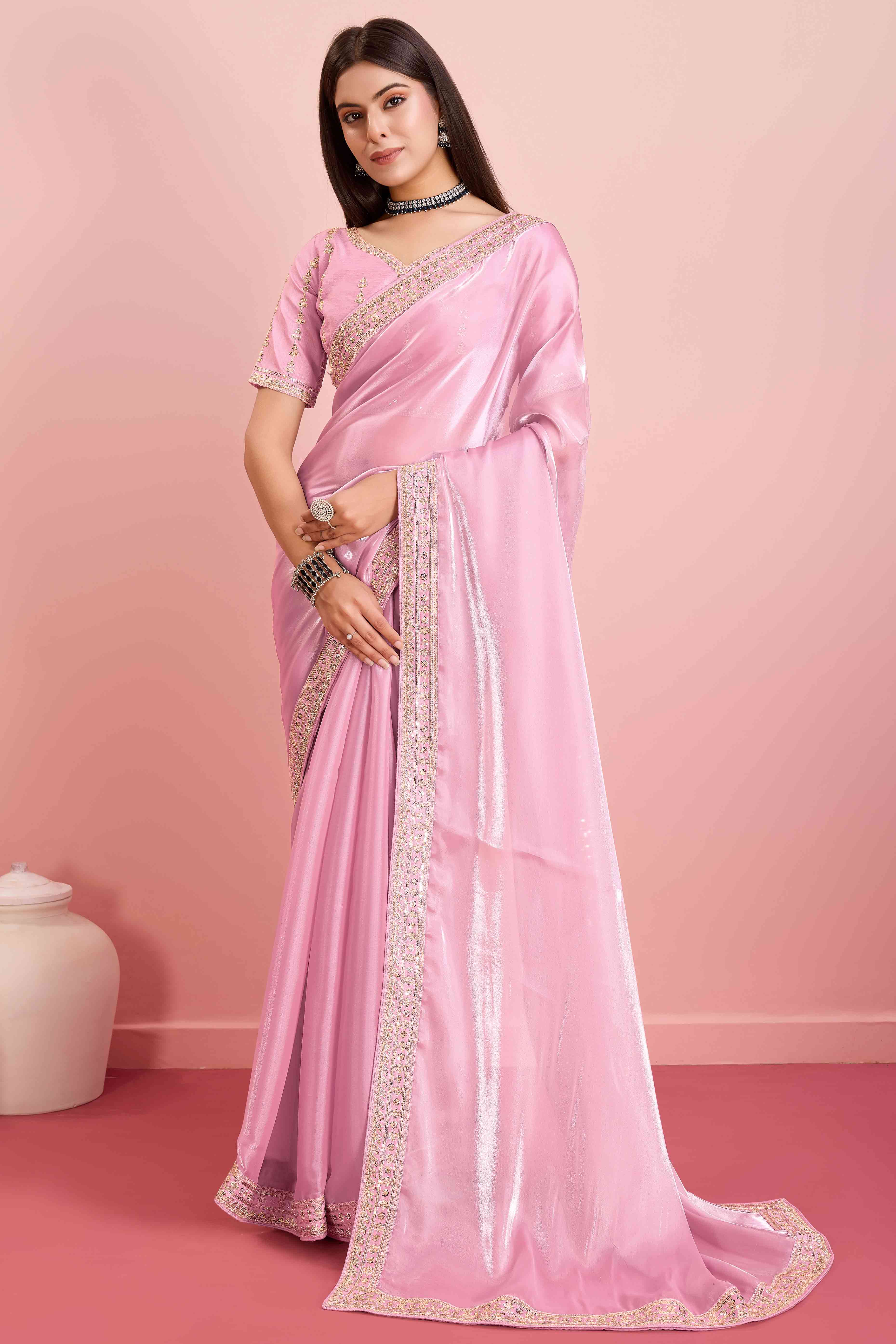 Pink Solid With Floral Sequins Embroidered Jimmy Choo Tissue Saree