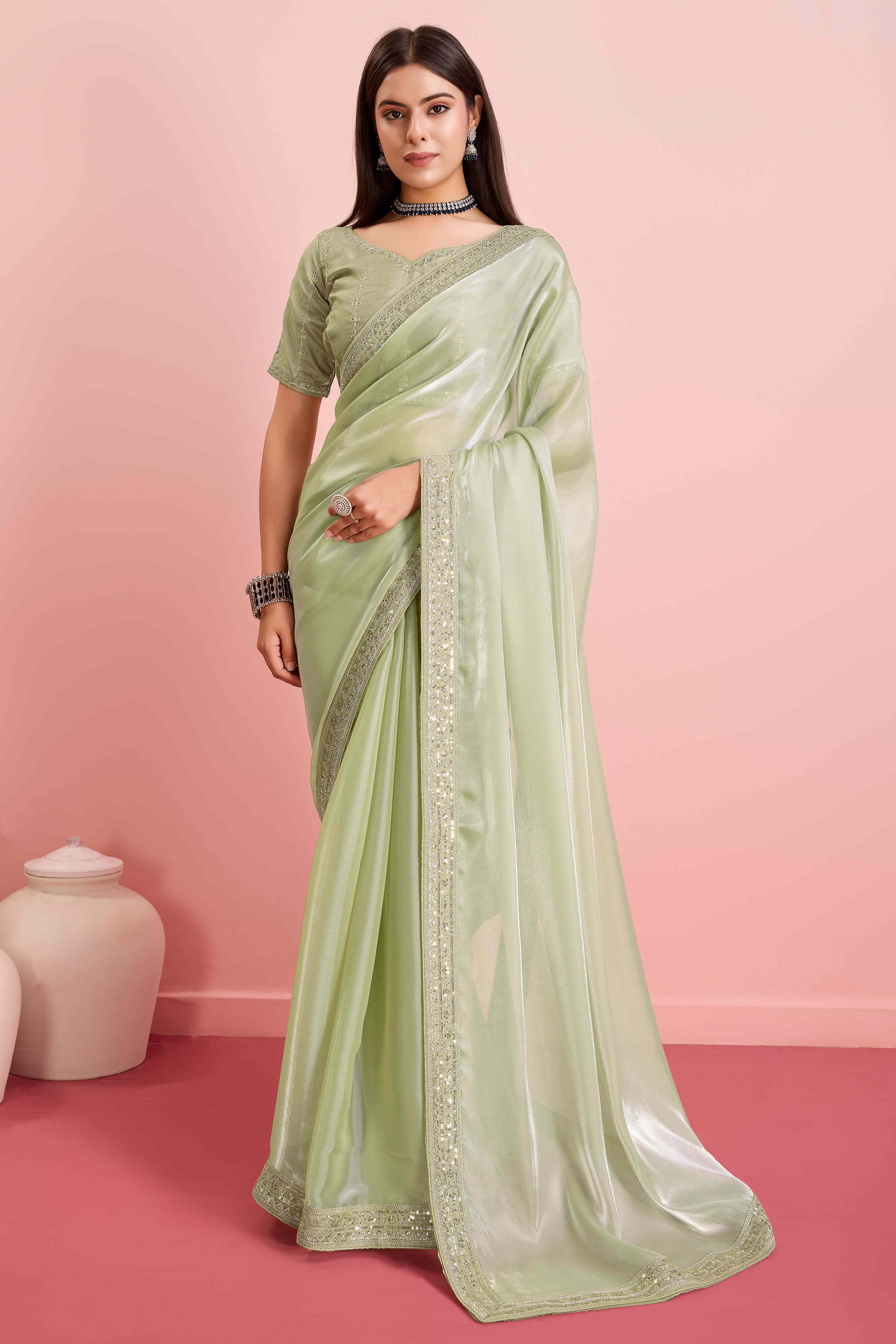 Green Solid With Floral Sequins Embroidered Jimmy Choo Tissue Saree