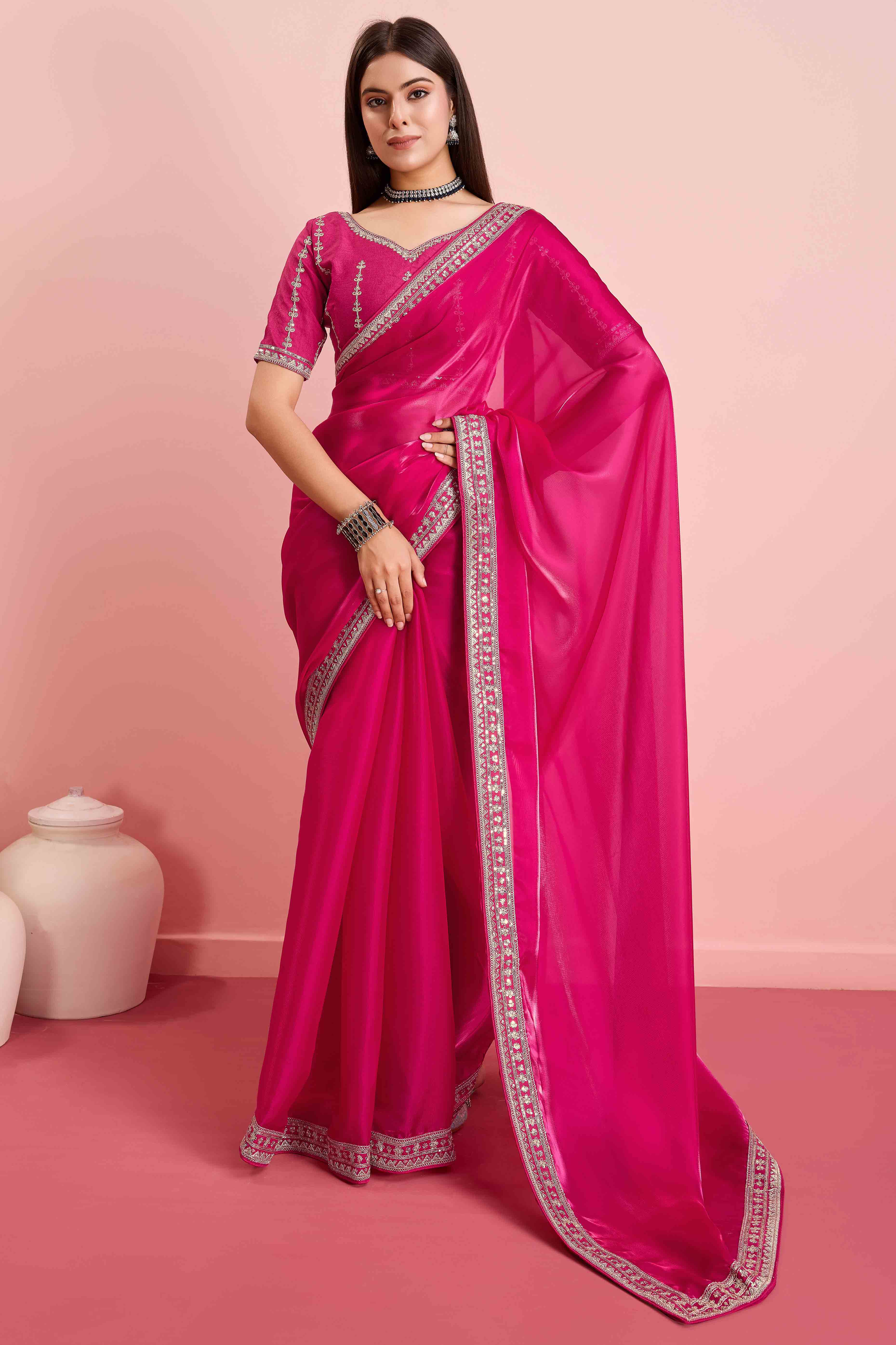 Rani Pink Solid With Floral Sequins Embroidered Jimmy Choo Tissue Saree