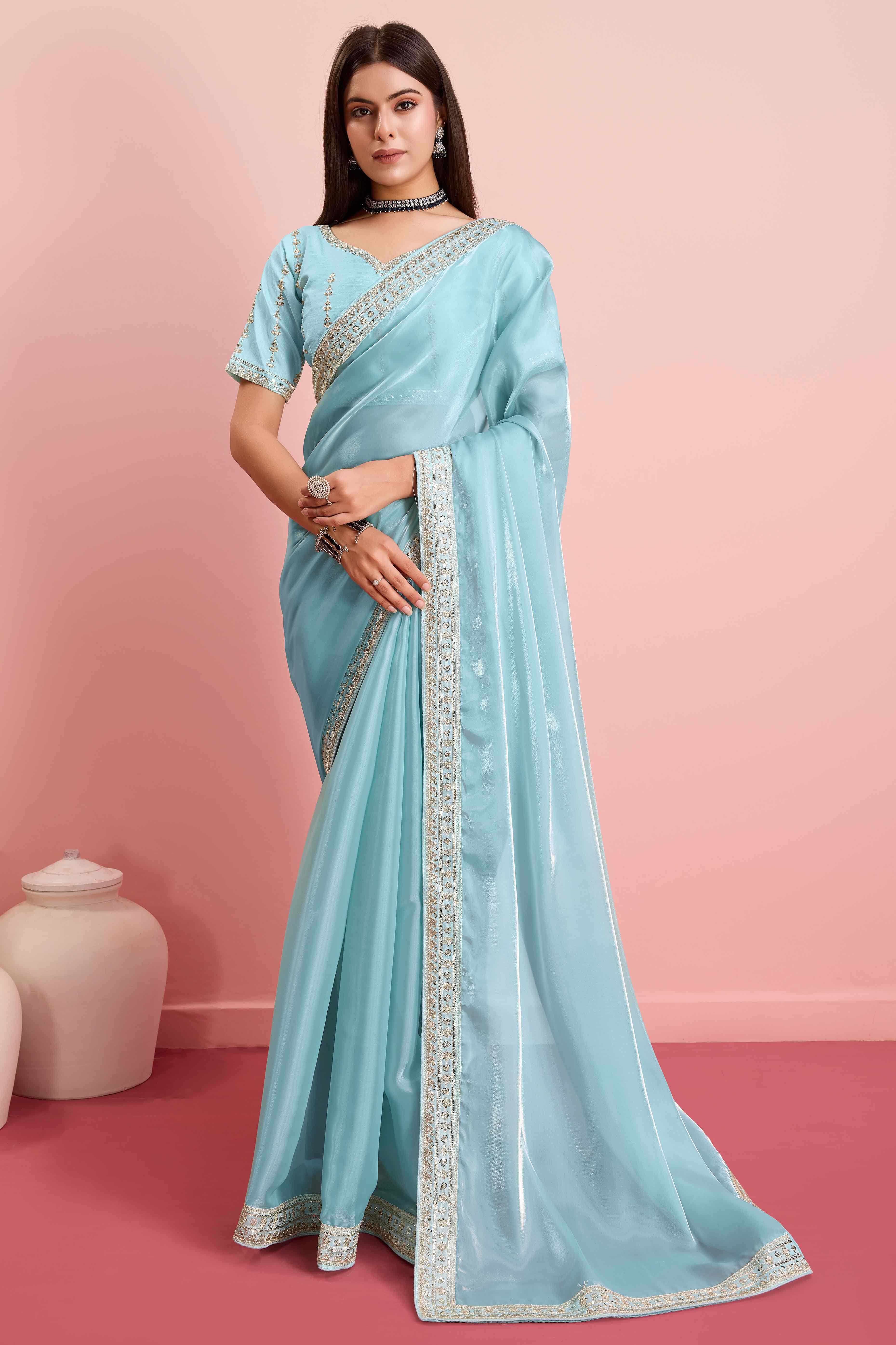 Blue Solid With Floral Sequins Embroidered Jimmy Choo Tissue Saree