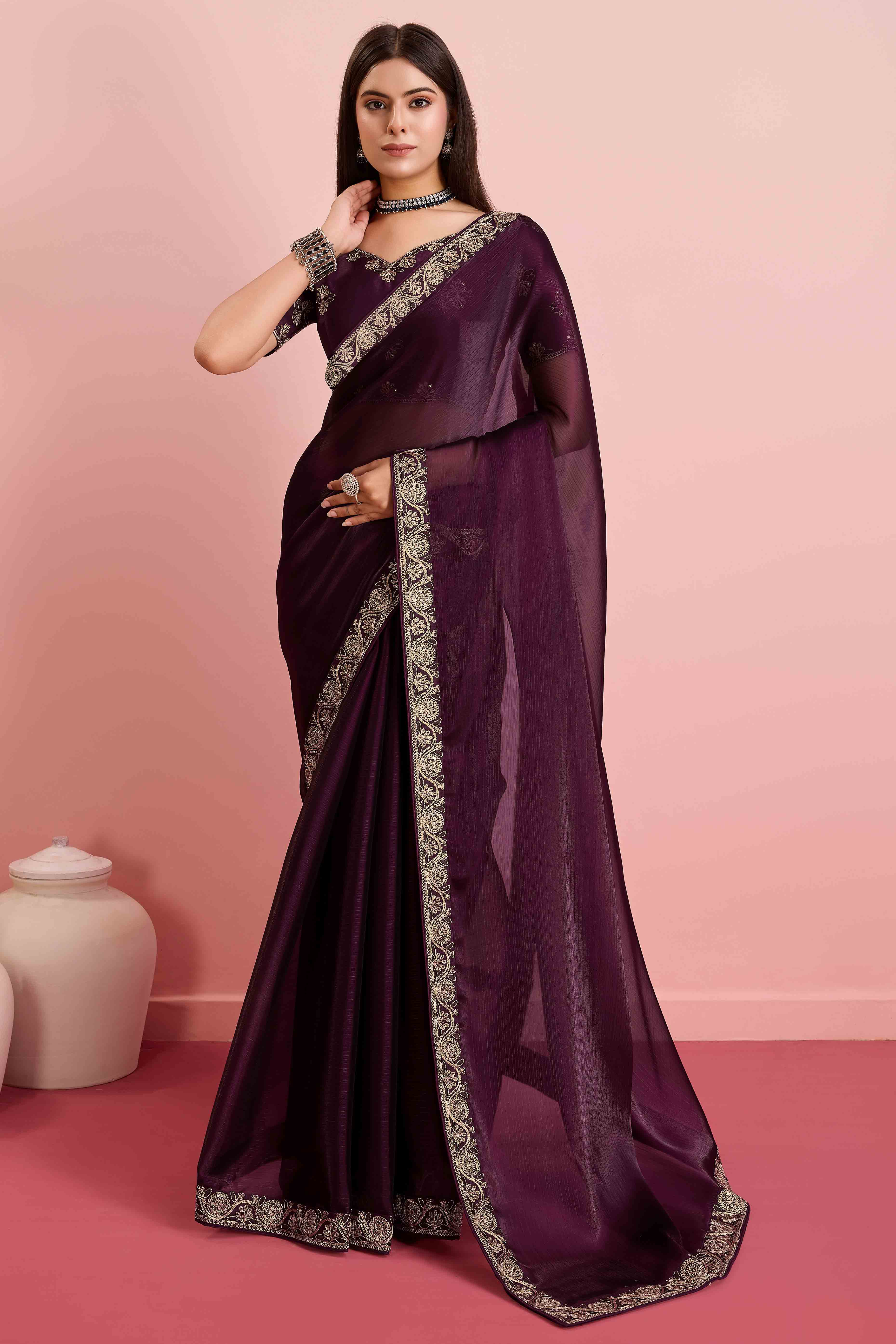 Wine Solid With Sequins Embroidery Border Mulberry Silk Saree