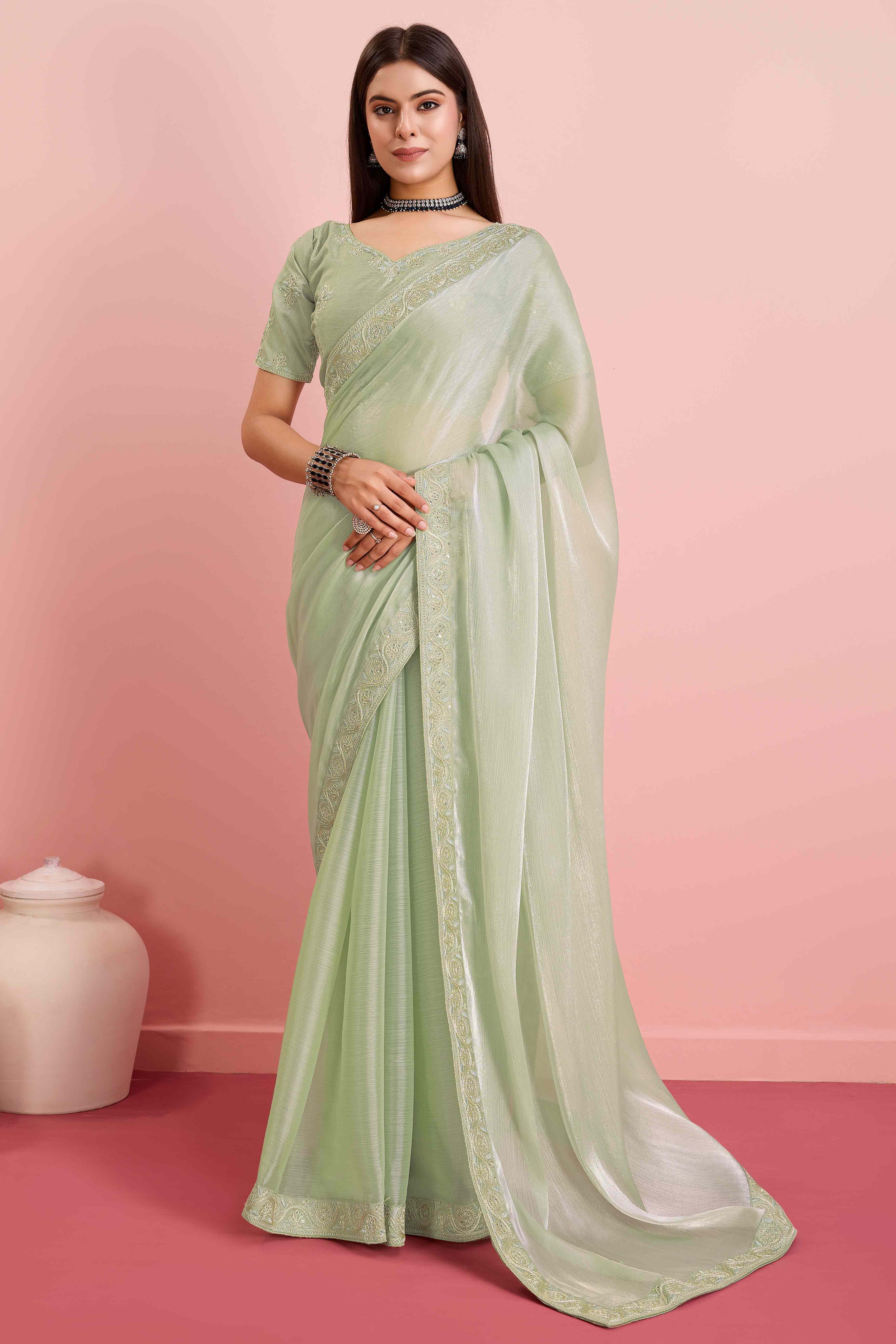 Green Solid With Sequins Embroidery Border Mulberry Silk Saree