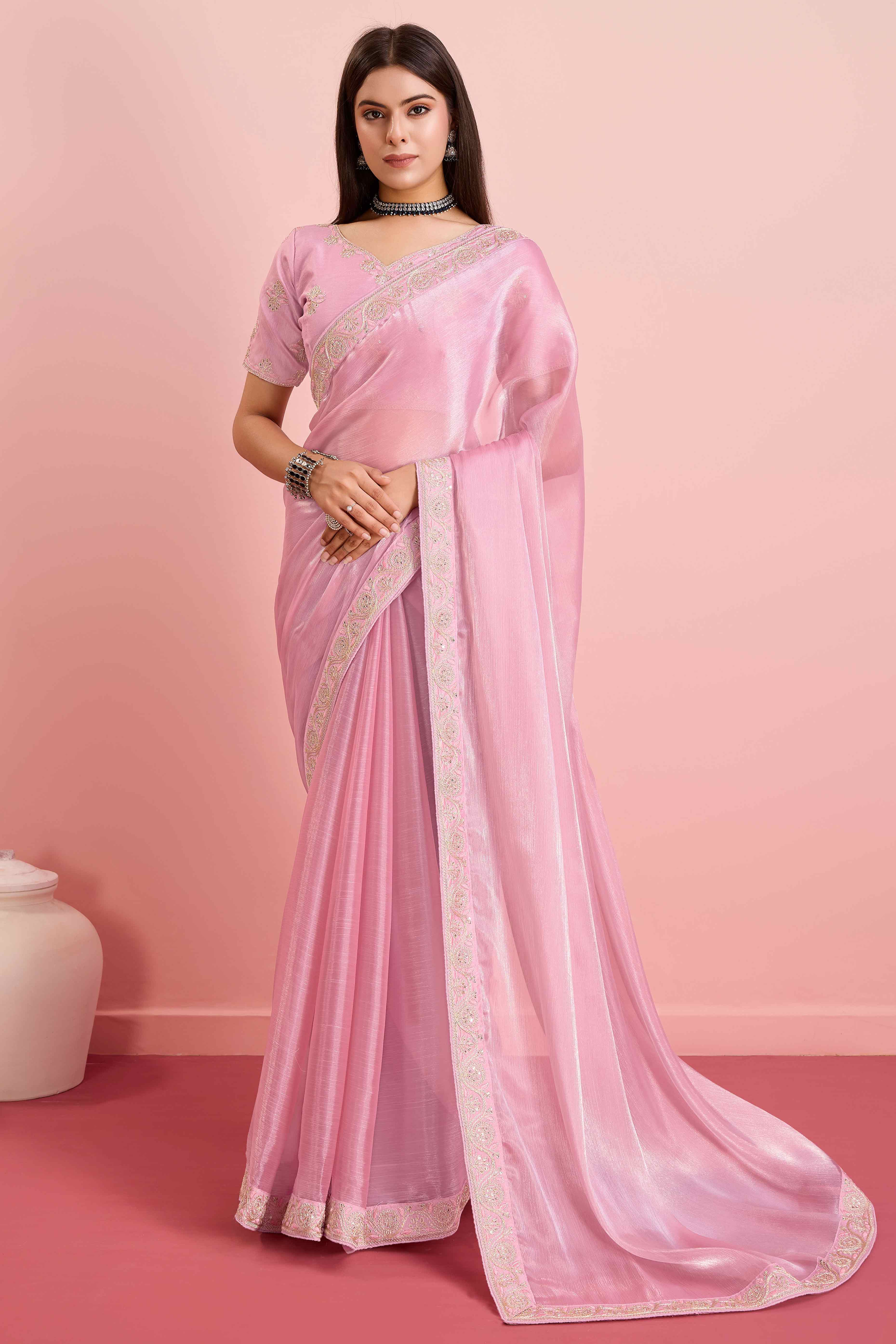 Pink Solid With Sequins Embroidery Border Mulberry Silk Saree