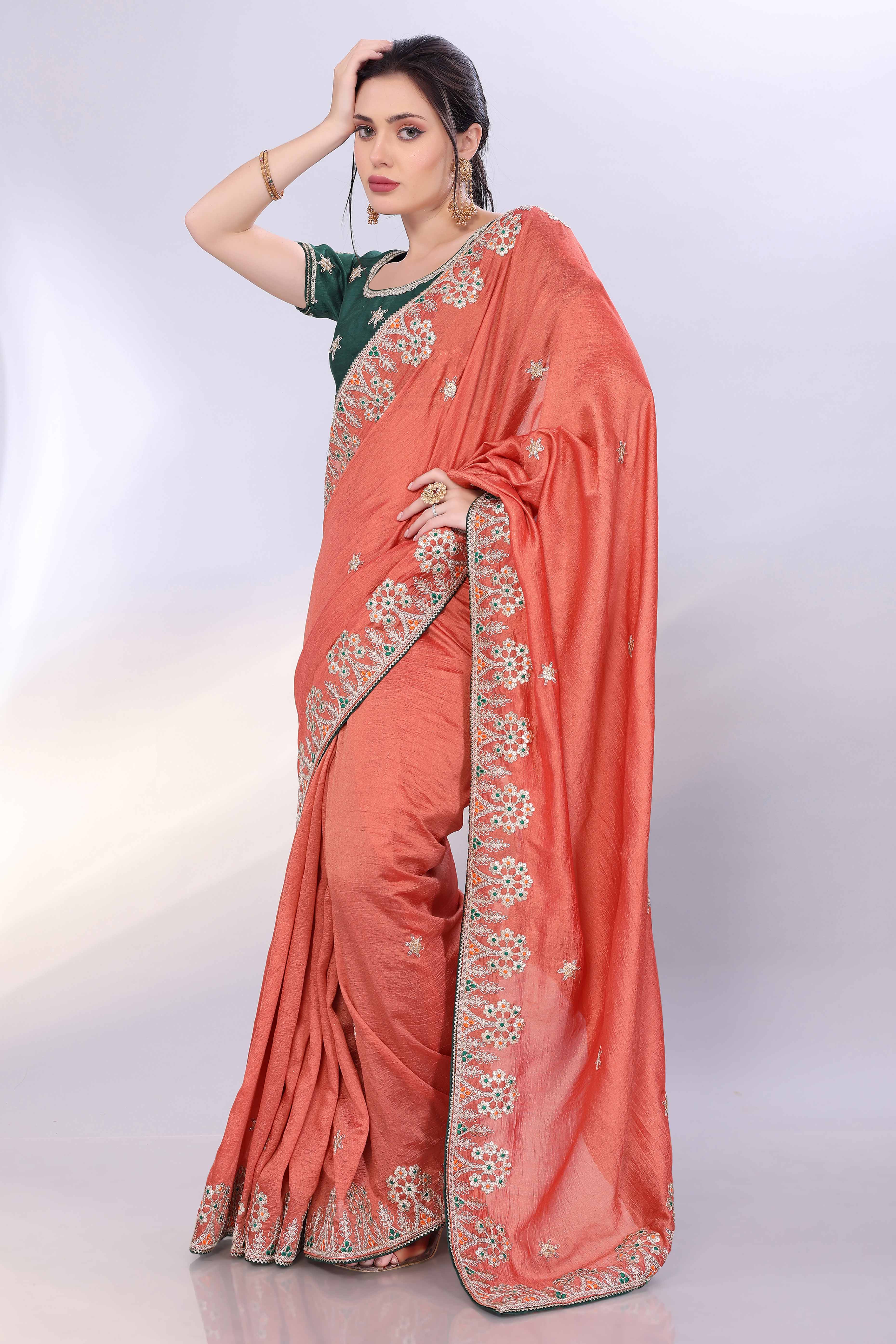 Orange Vichitra Silk Saree Embellished With Floral Cording Embroidery & Sparkling Sequins