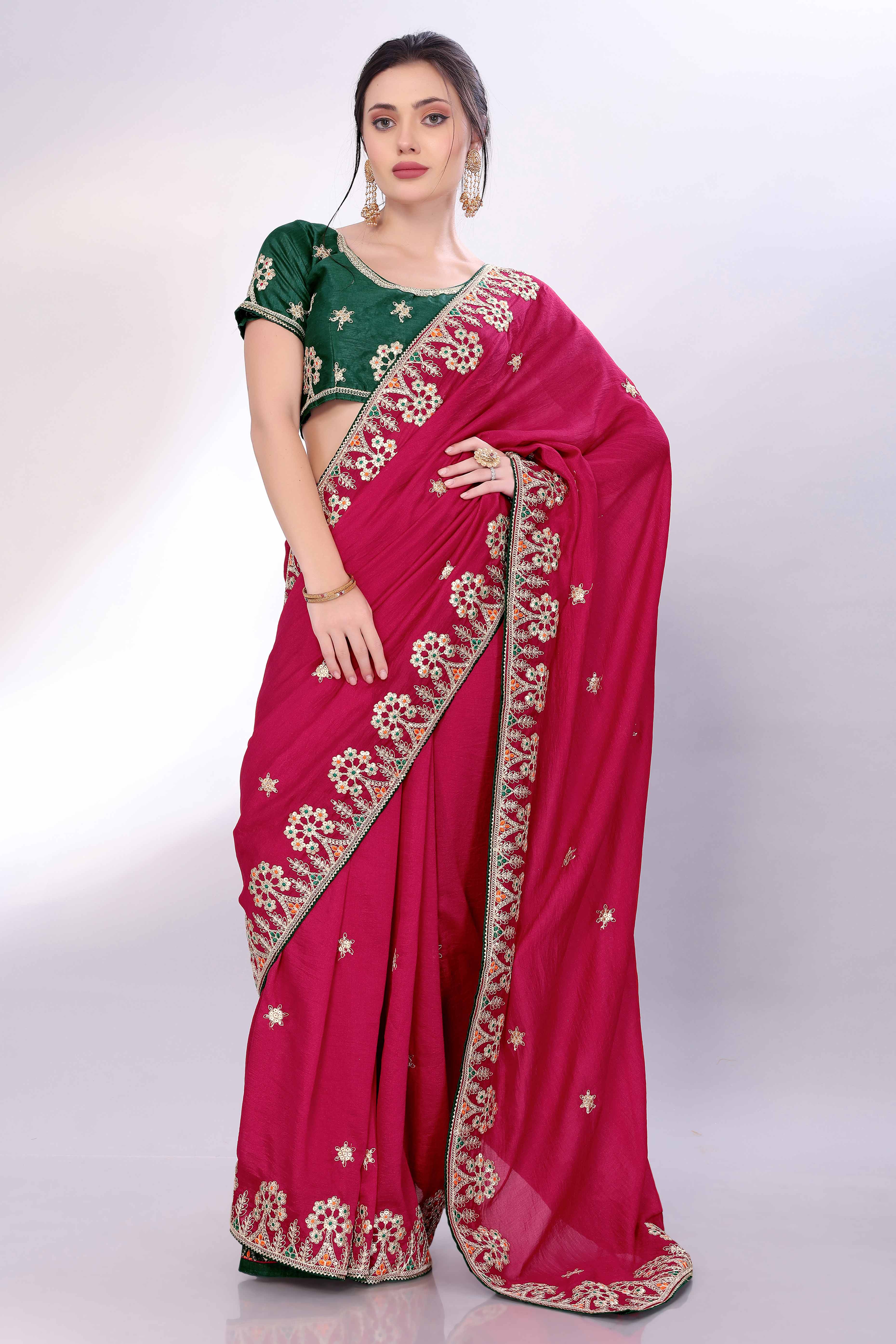Pink Vichitra Silk Saree Embellished With Floral Cording Embroidery & Sparkling Sequins