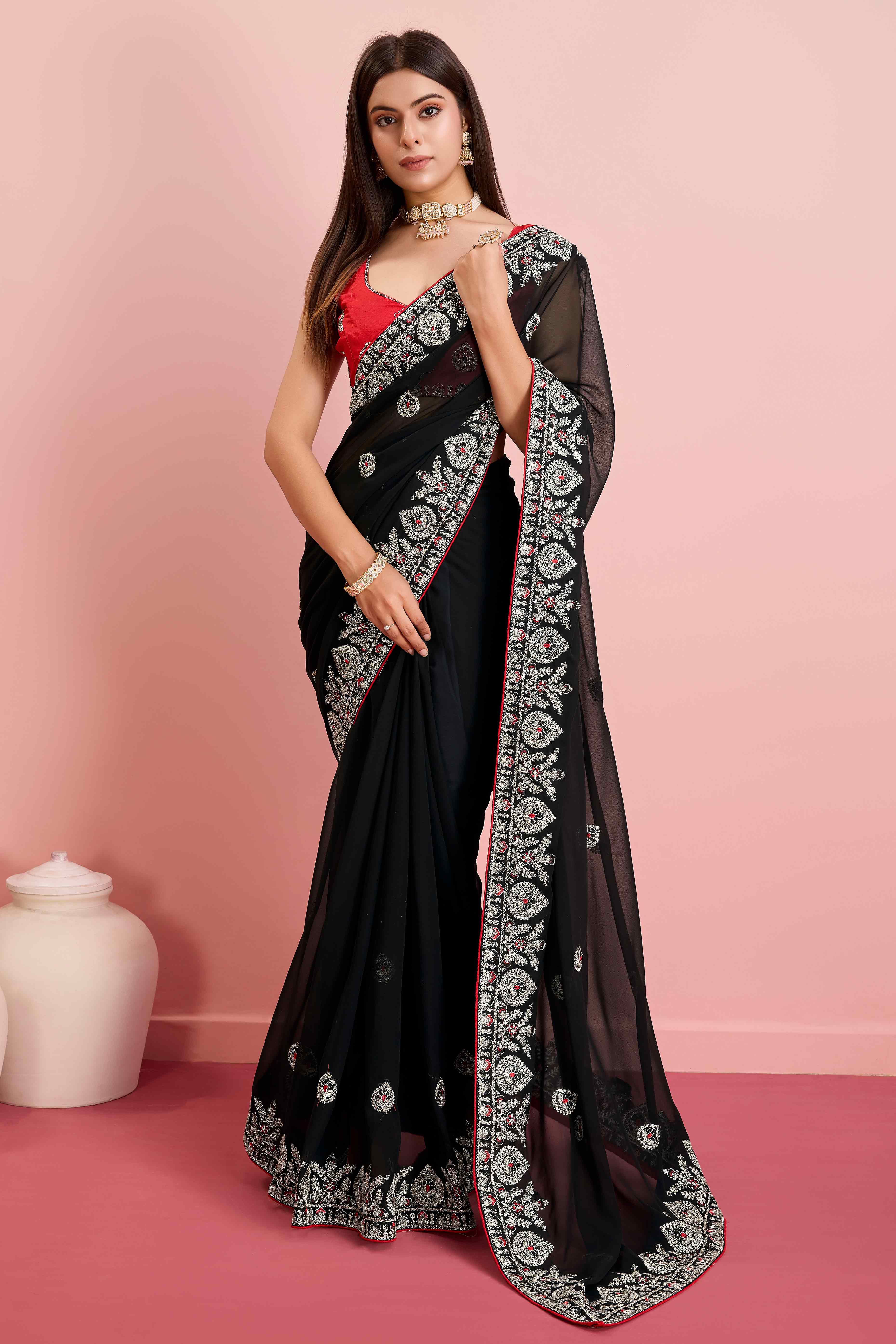 Black Floral Sequins Embroidered Georgette Saree