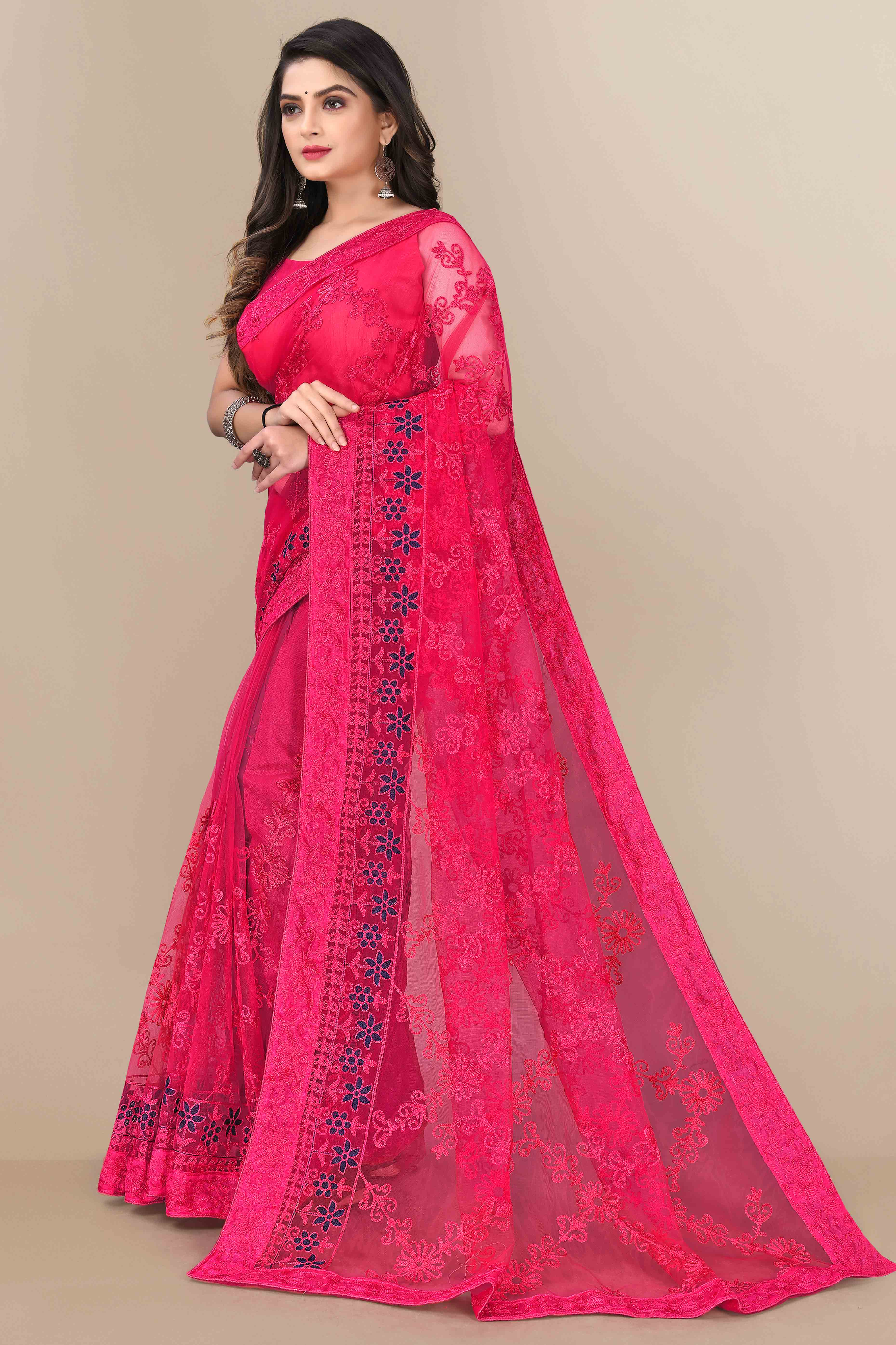 Dark Pink Party Wear Net Saree Featuring Rich Floral Embroidery
