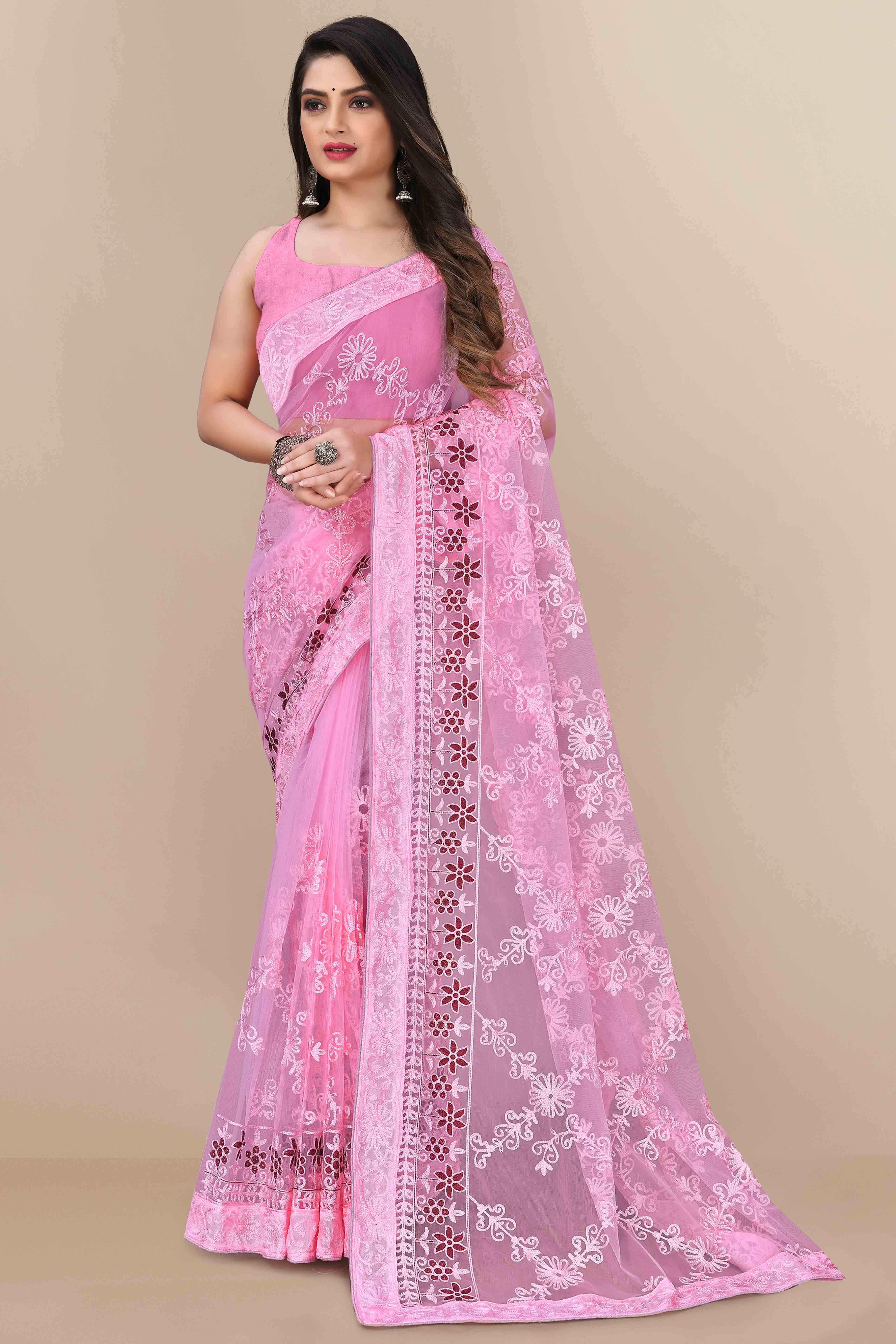 Light Pink Party Wear Net Saree Featuring Rich Floral Embroidery