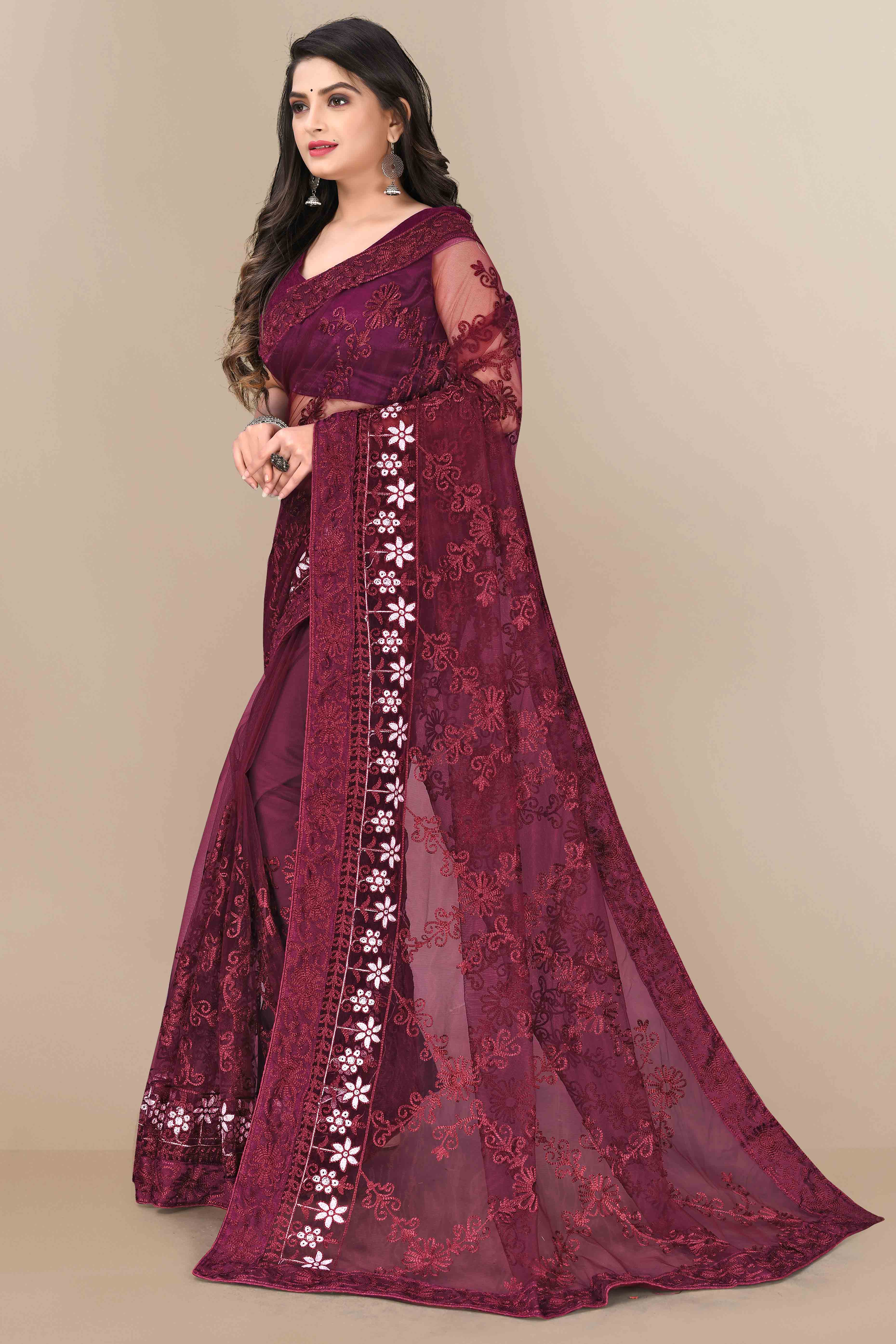 Wine Party Wear Net Saree Featuring Rich Floral Embroidery