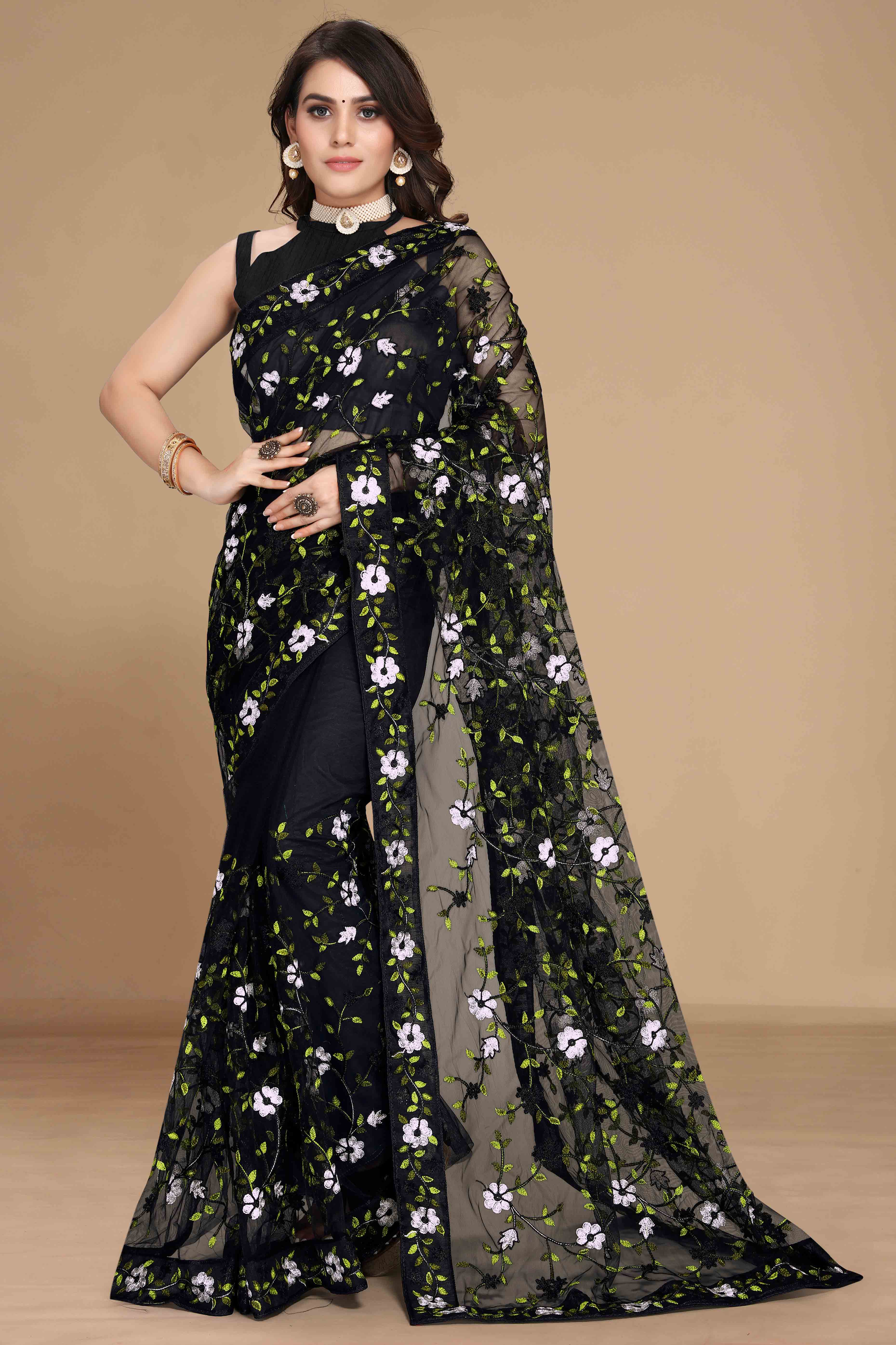 Black Net Saree with All Over Floral Heavy Embroidery