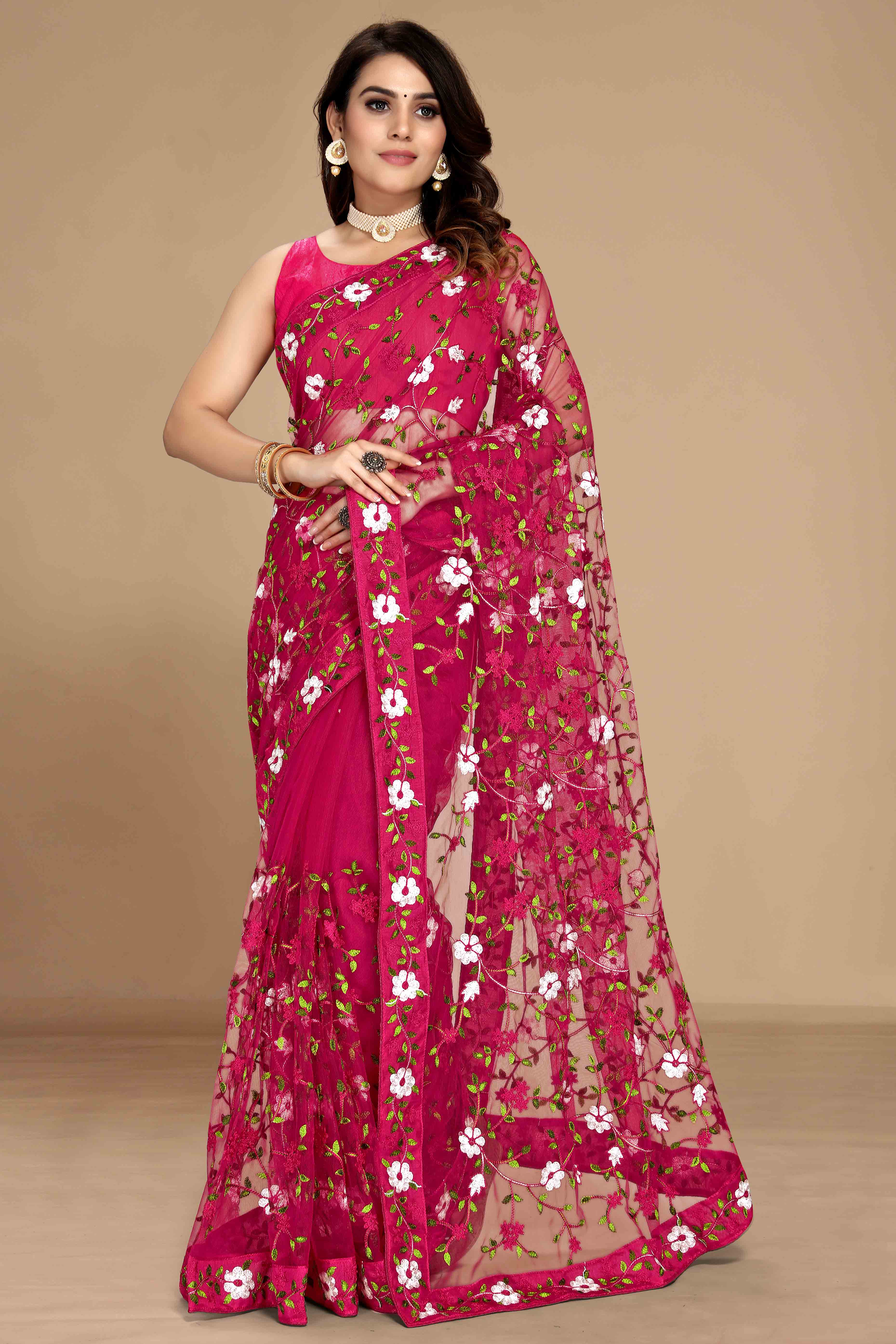 Dark Pink Net Saree with All Over Floral Heavy Embroidery