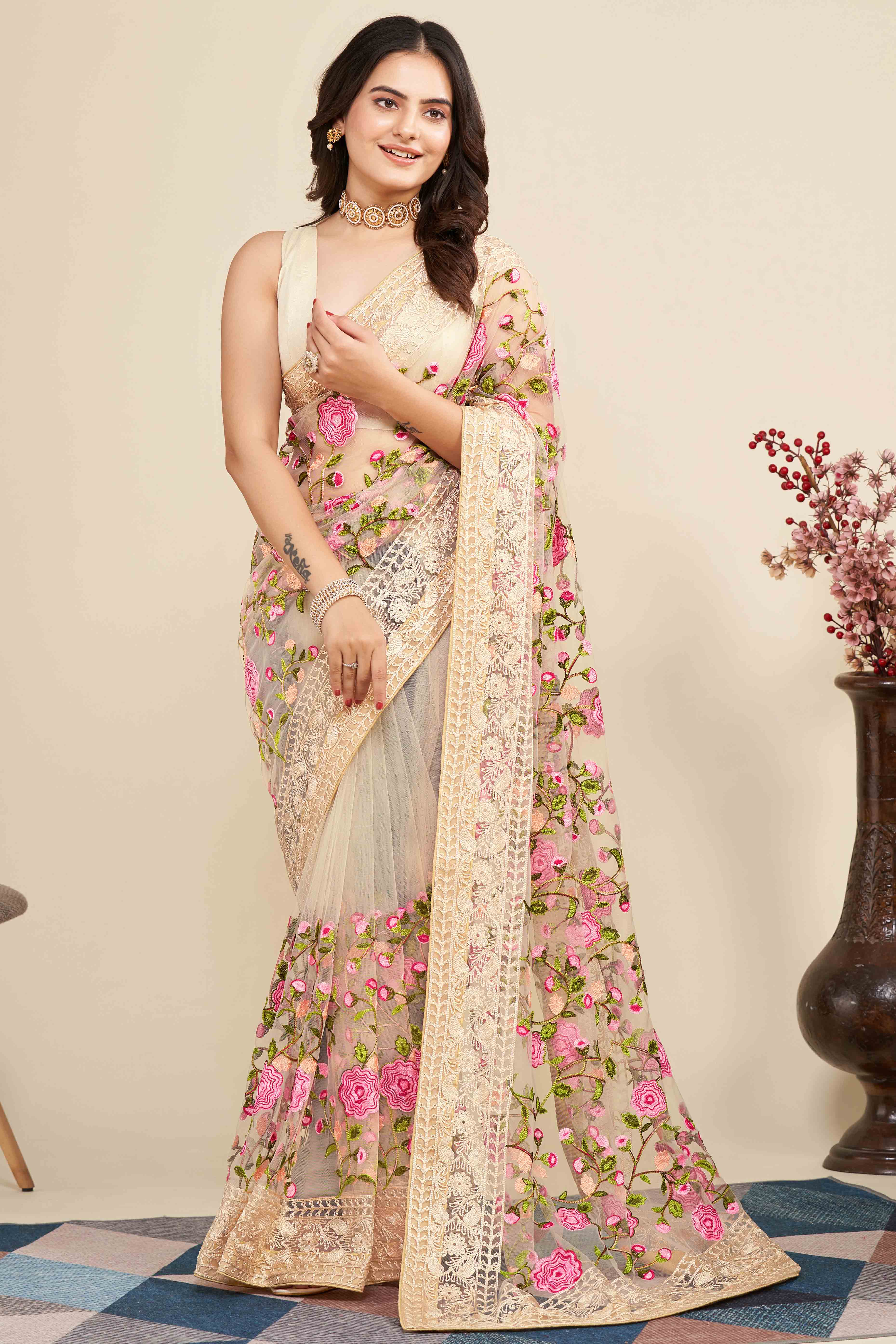 Cream Floral Embroidered Party Wear Saree in Net Fabric with Lavish Detailing