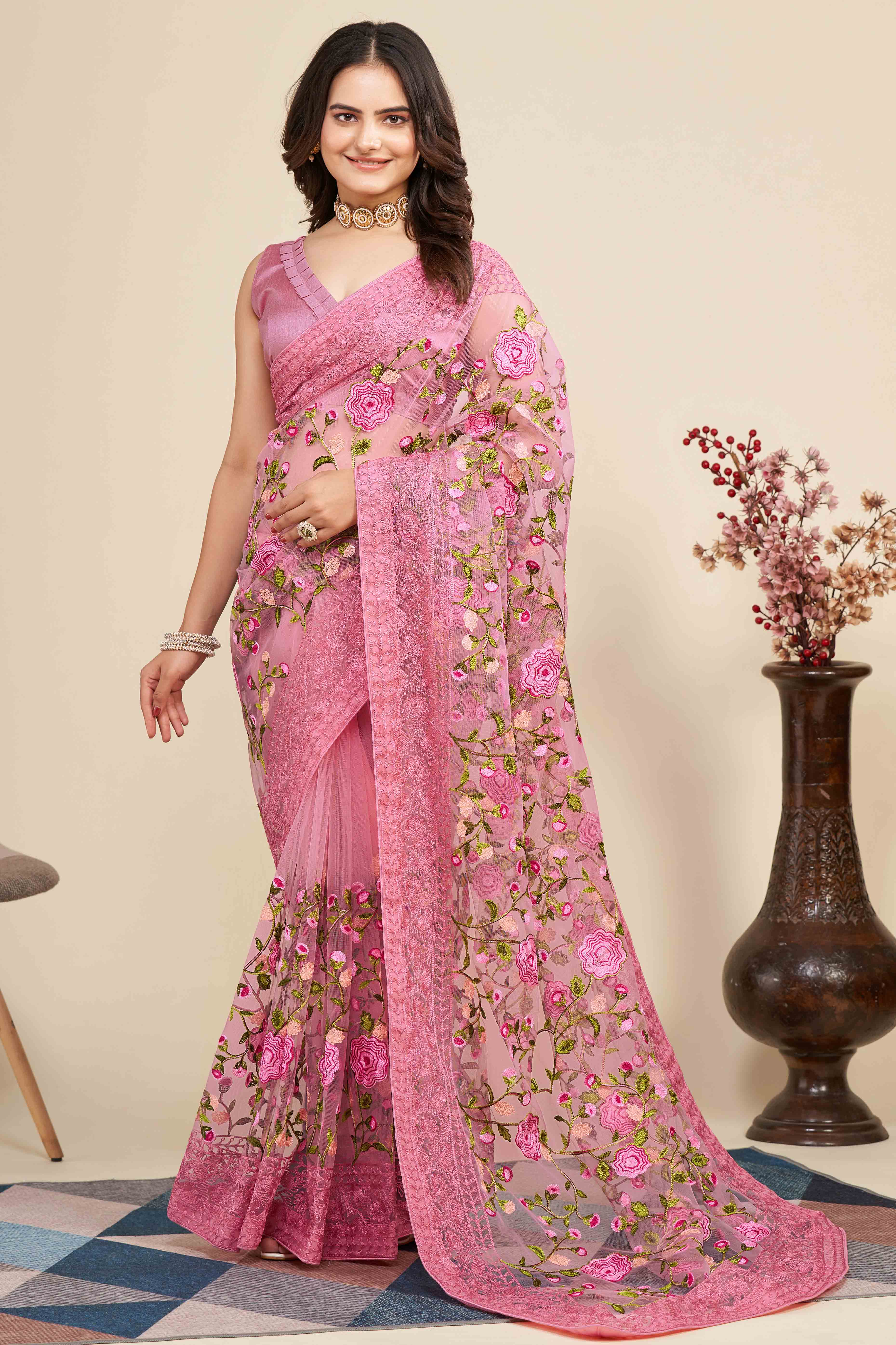 Pink Floral Embroidered Party Wear Saree in Net Fabric with Lavish Detailing