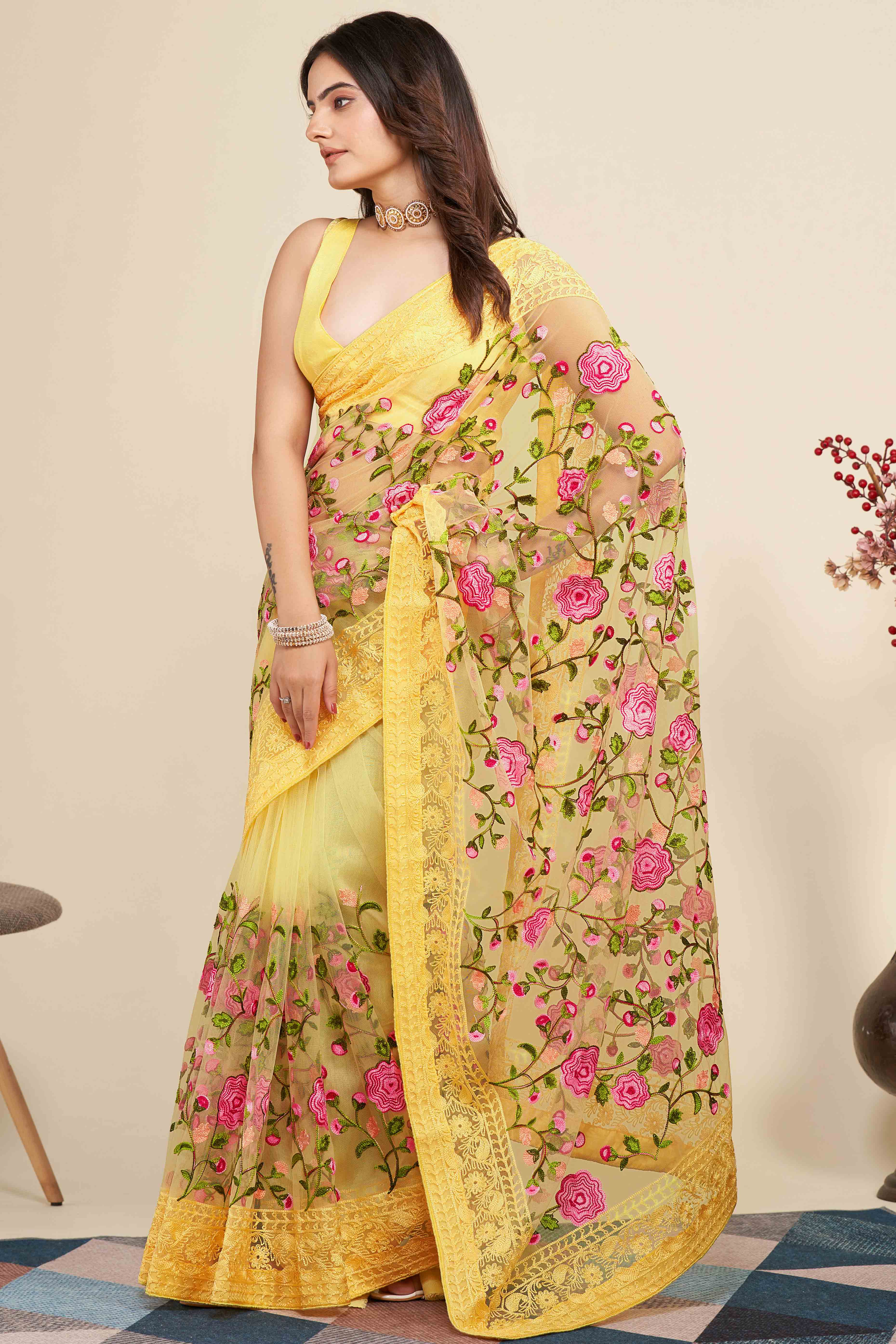 Yellow Floral Embroidered Party Wear Saree in Net Fabric with Lavish Detailing