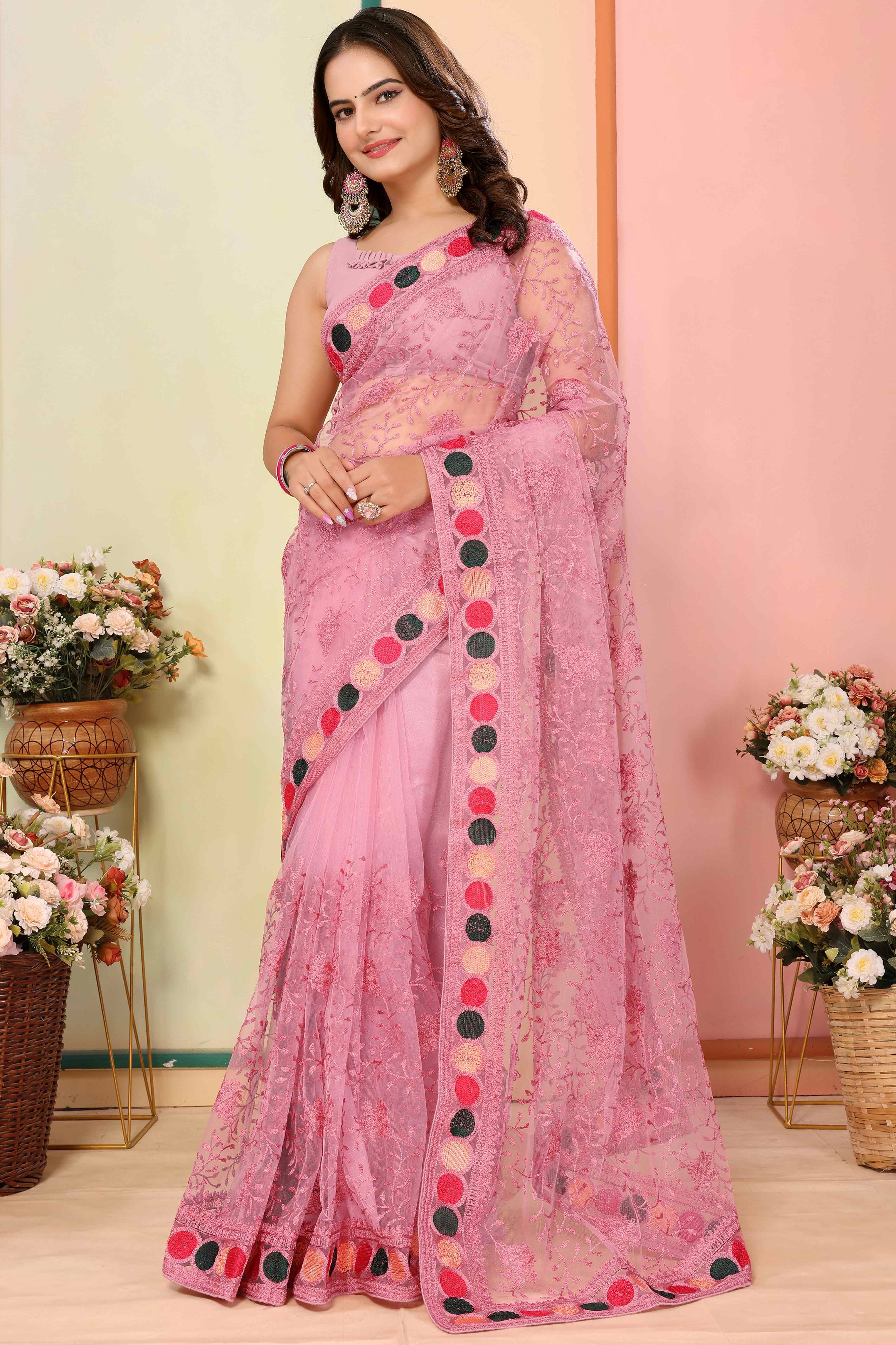 Pink Floral Embroidered Net Saree