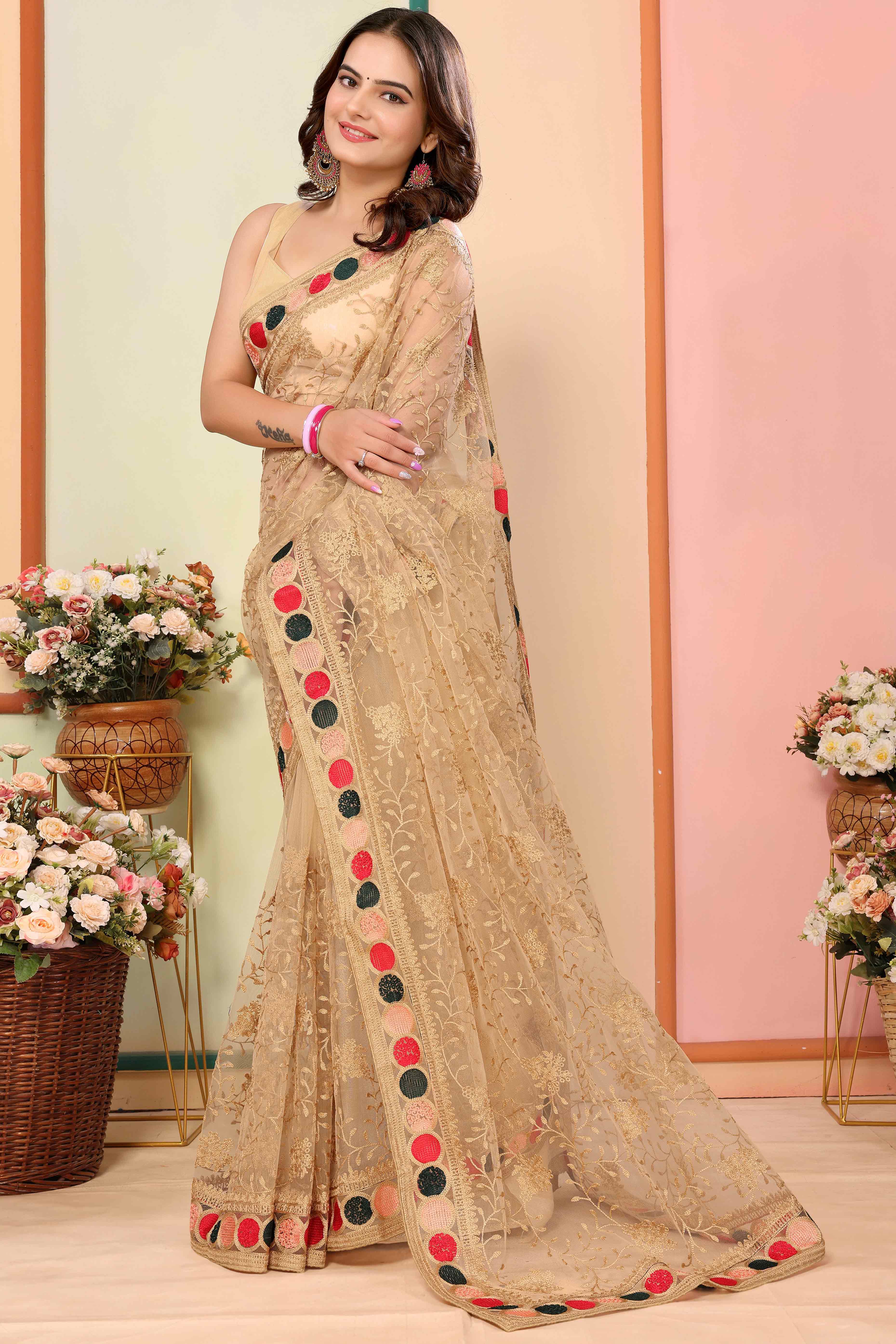 Chikoo Floral Embroidered Net Saree