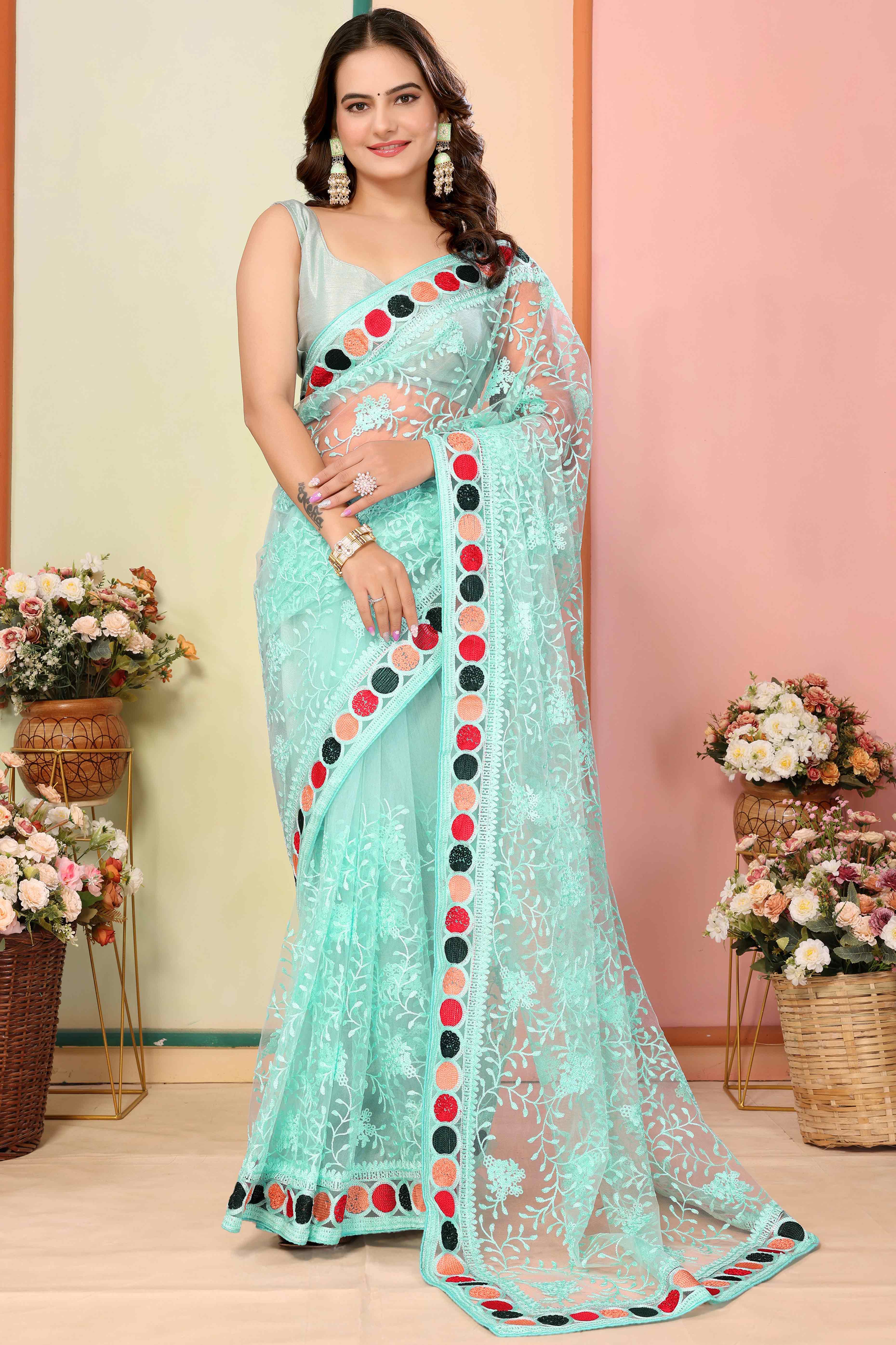 Blue Floral Embroidered Net Saree
