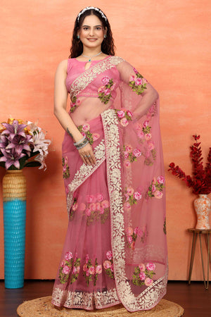 Onion Pink Floral Embroidered Net Saree