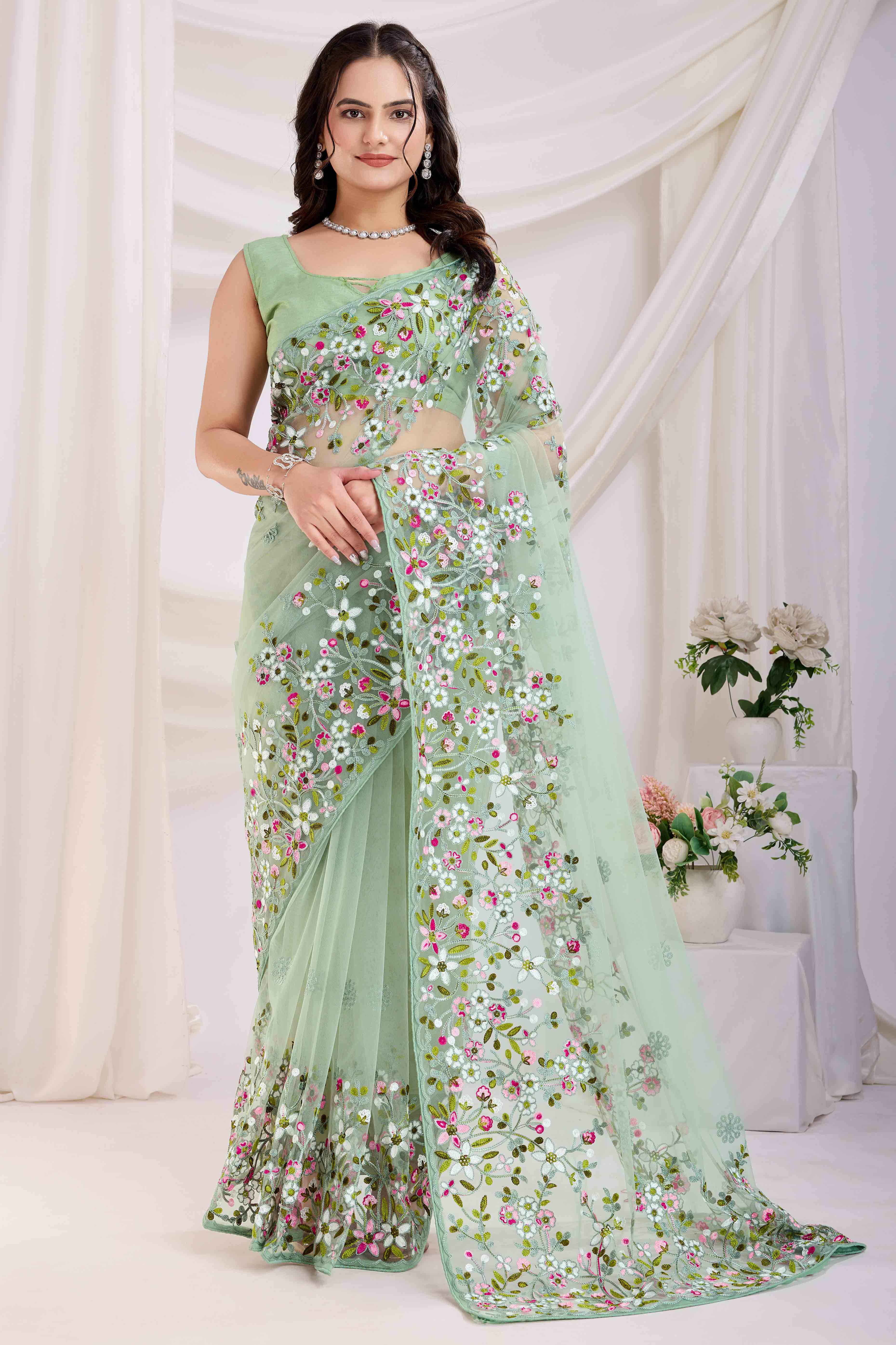 Green Floral Embroidered Net Saree