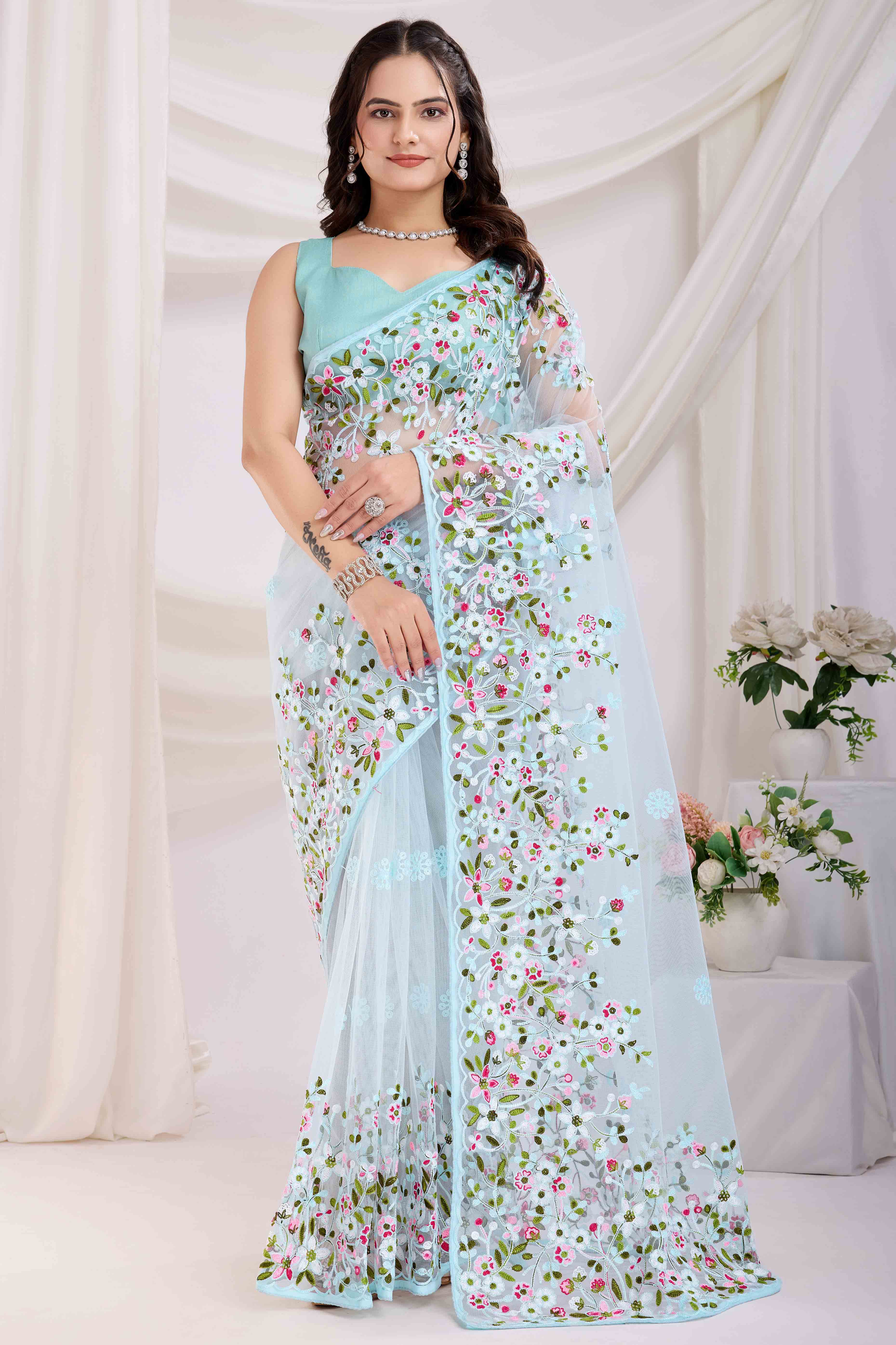 Blue Floral Embroidered Net Saree