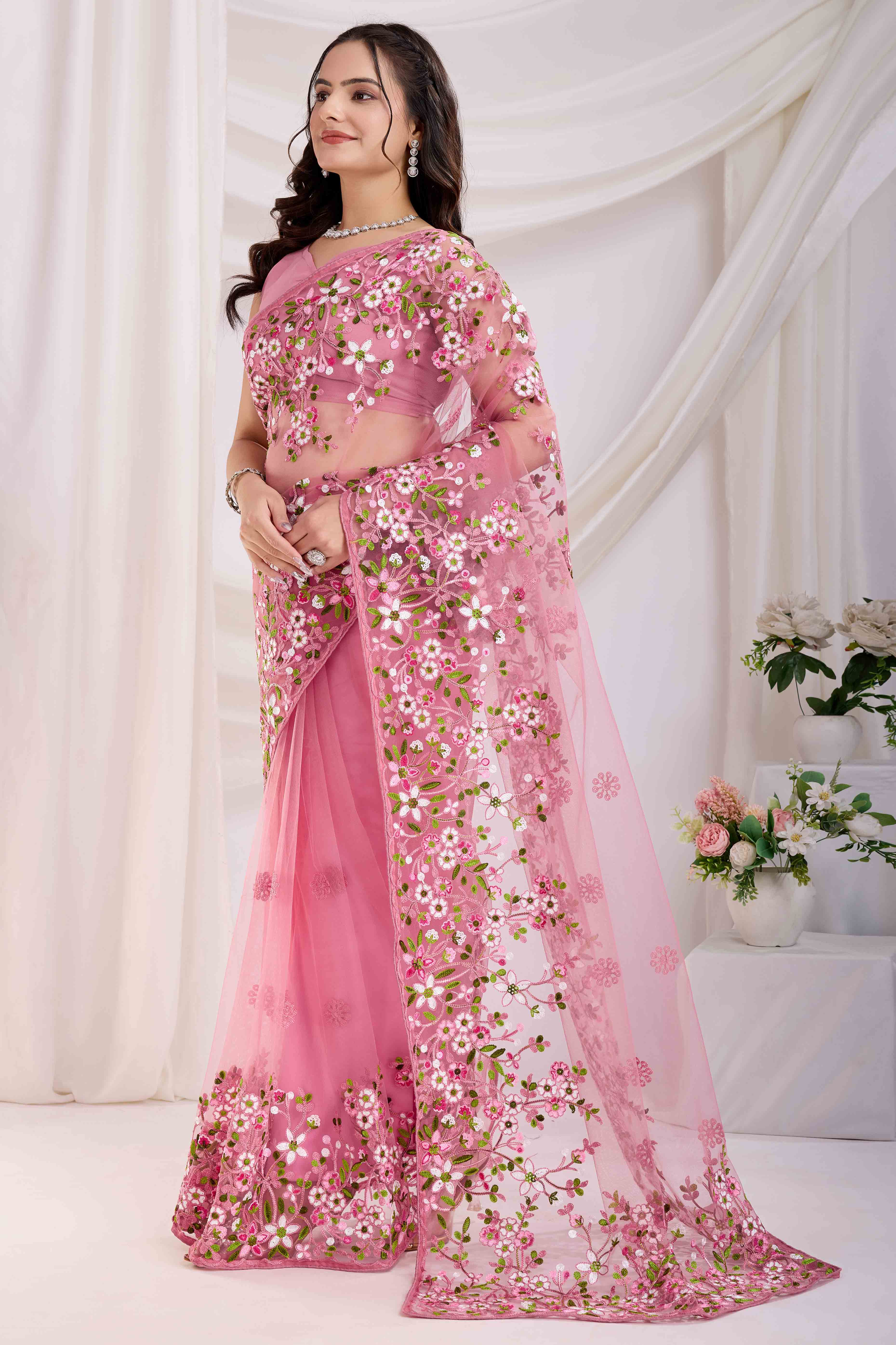 Pink Floral Embroidered Net Saree