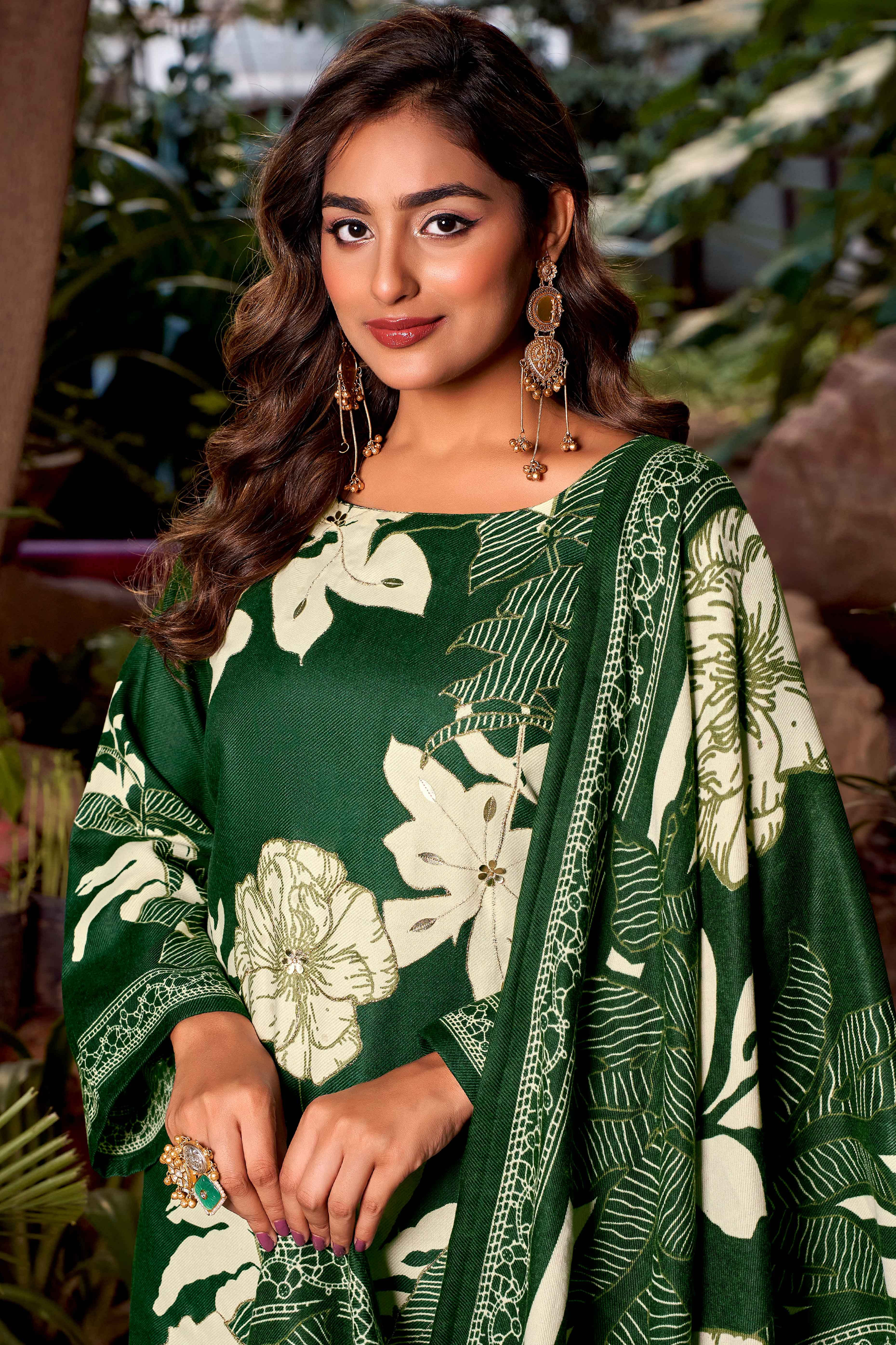 Green Elegant Floral Printed Pure Pashmina Dress Material for Winter Wear